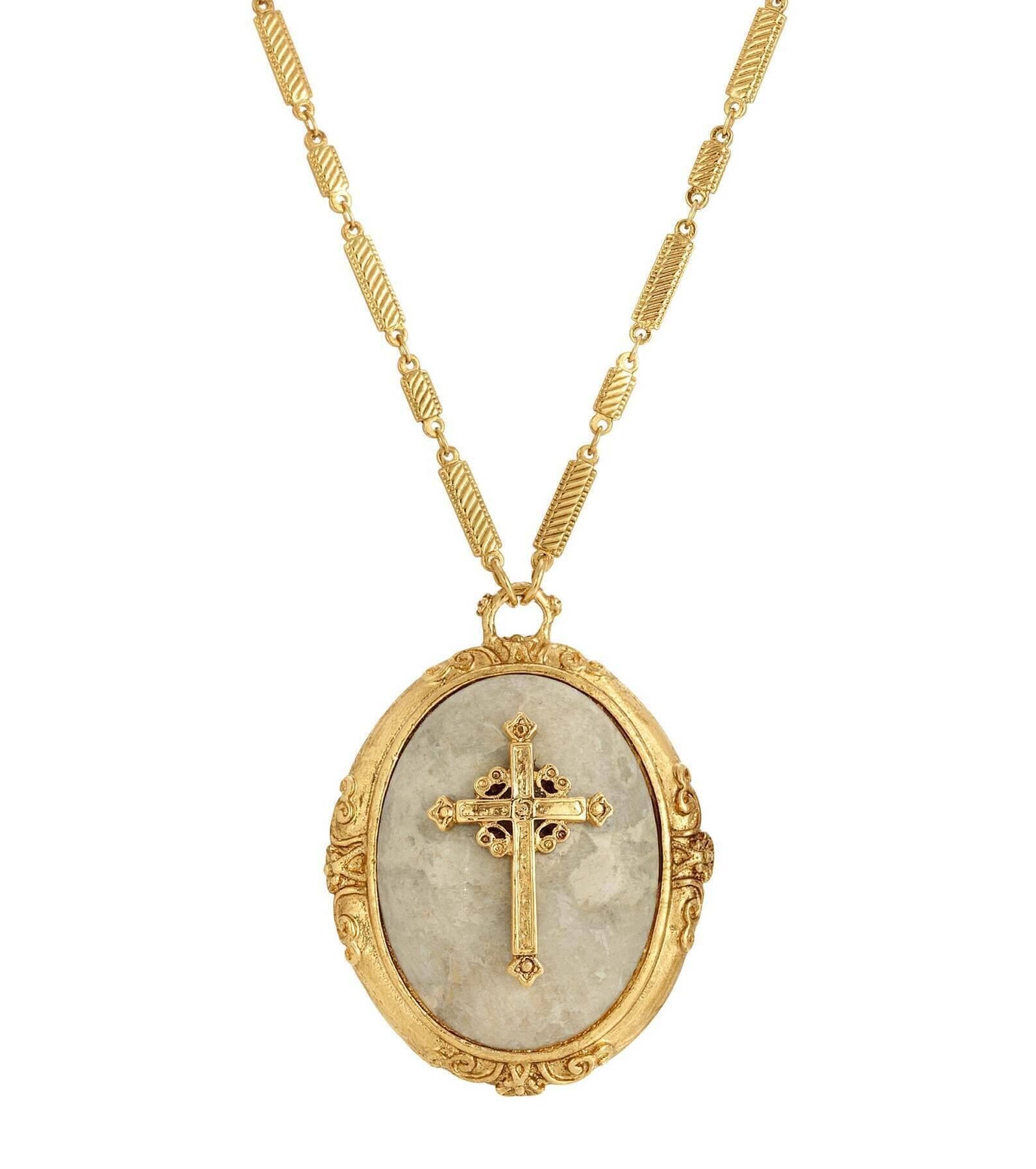 Symbols of Faith Oval Riverstone Cross Pendant Necklace 30"