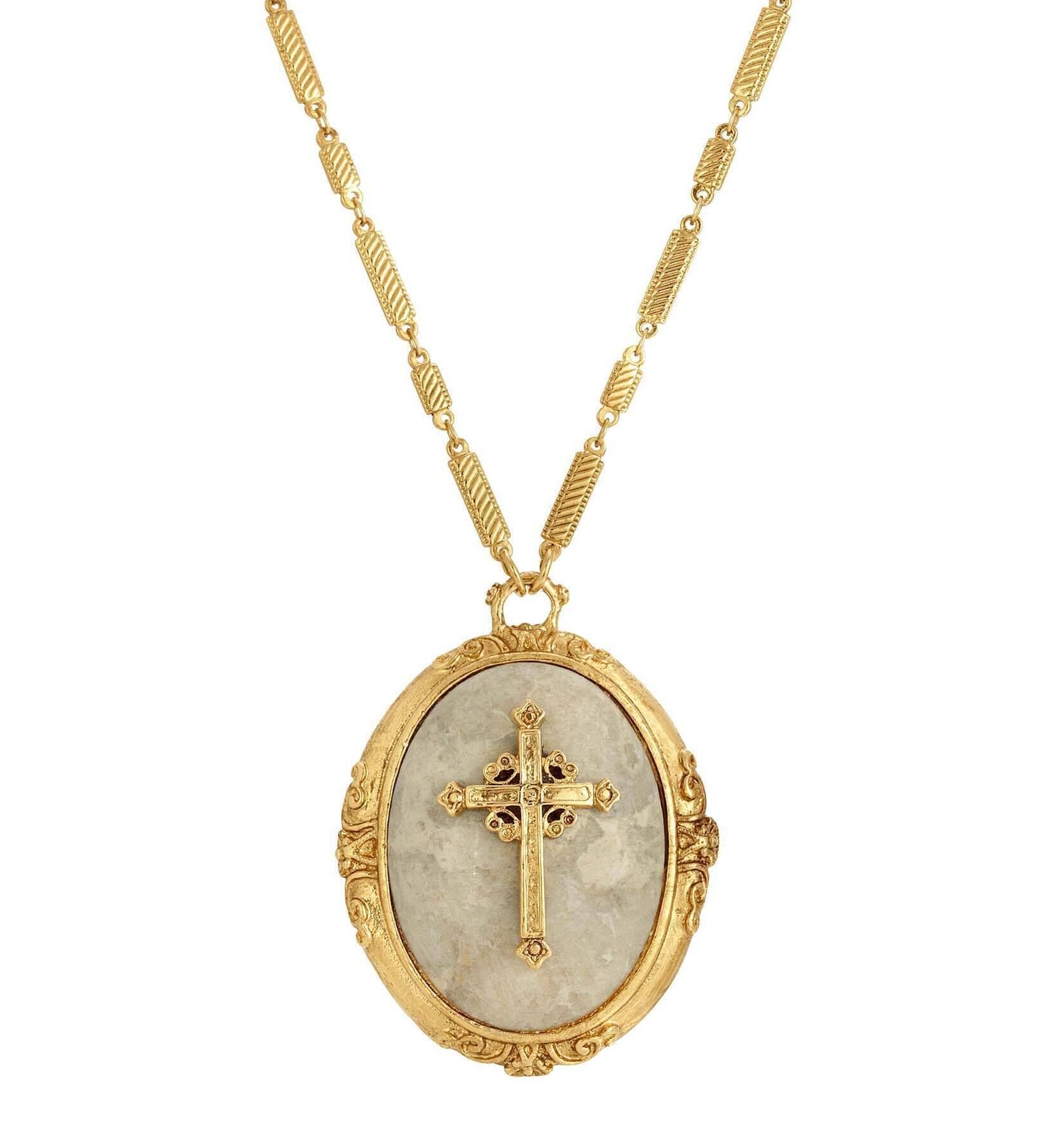 Symbols of Faith Oval Riverstone Cross Pendant Necklace 30"