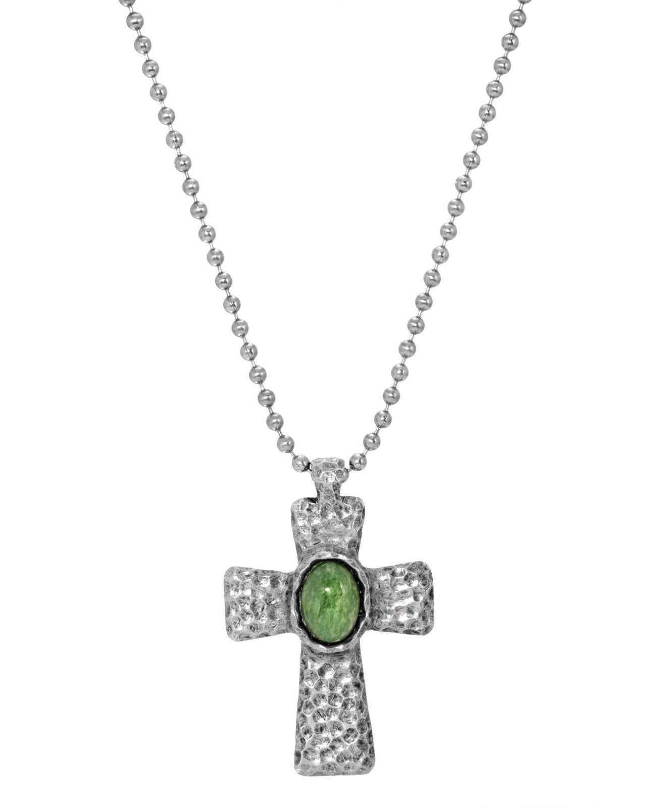 Symbols Of Faith Antiqued Hammered Metal Cross With Oval Gemstone Pendant Necklace 22"