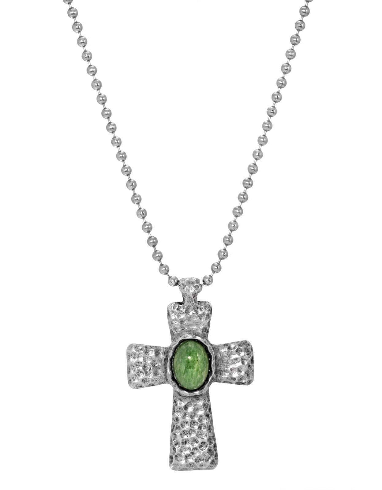 Symbols Of Faith Antiqued Hammered Metal Cross With Oval Gemstone Pendant Necklace 22"