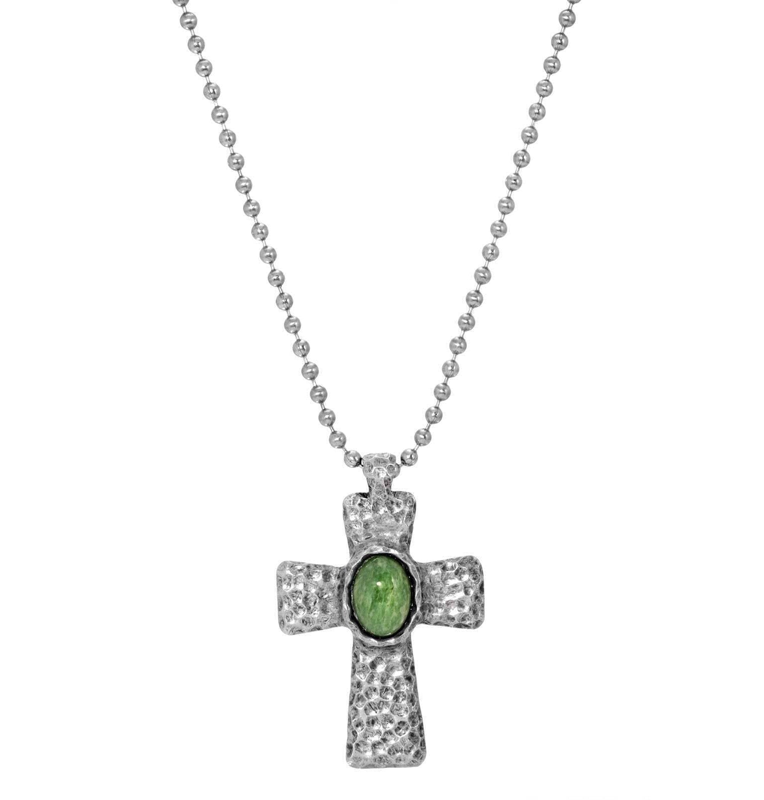 Symbols Of Faith Antiqued Hammered Metal Cross With Oval Gemstone Pendant Necklace 22"