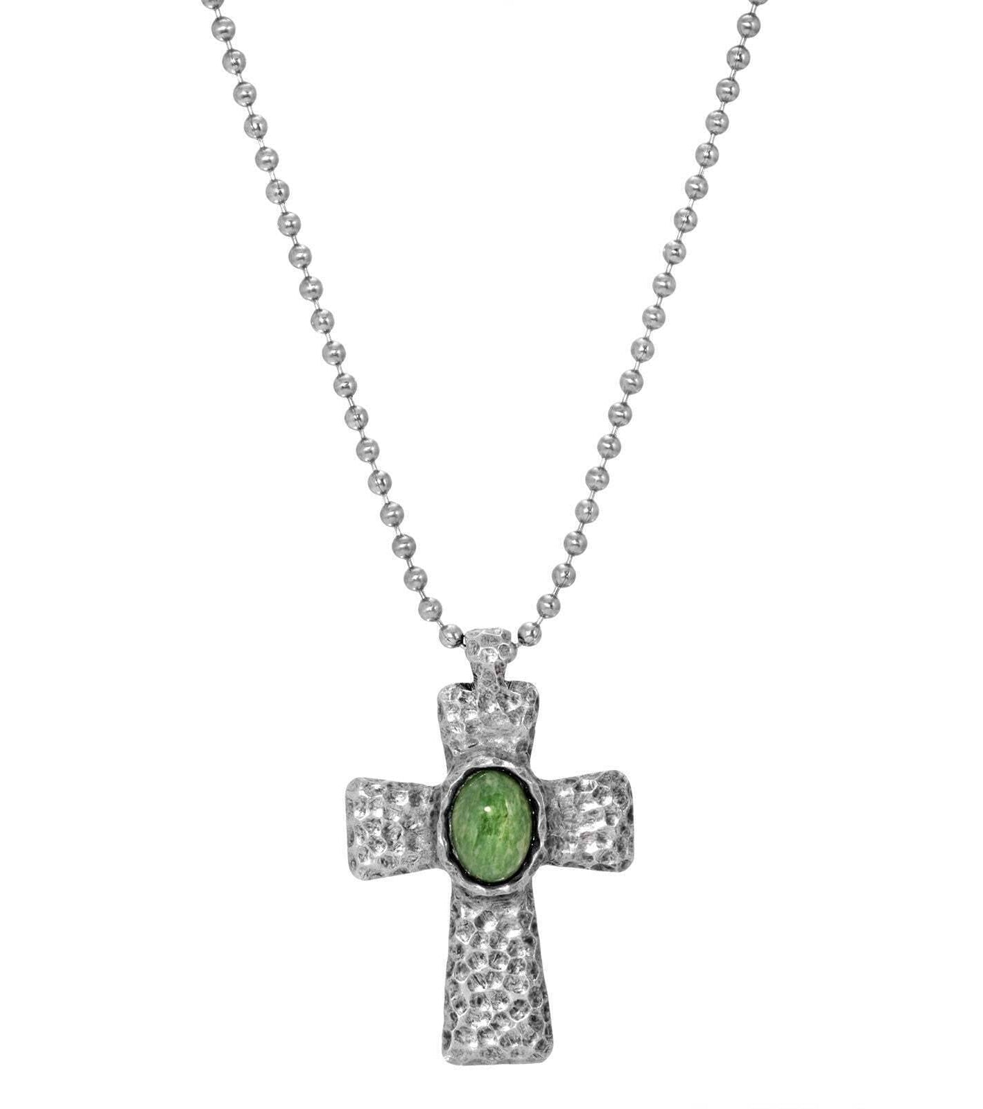 Symbols Of Faith Antiqued Hammered Metal Cross With Oval Gemstone Pendant Necklace 22"