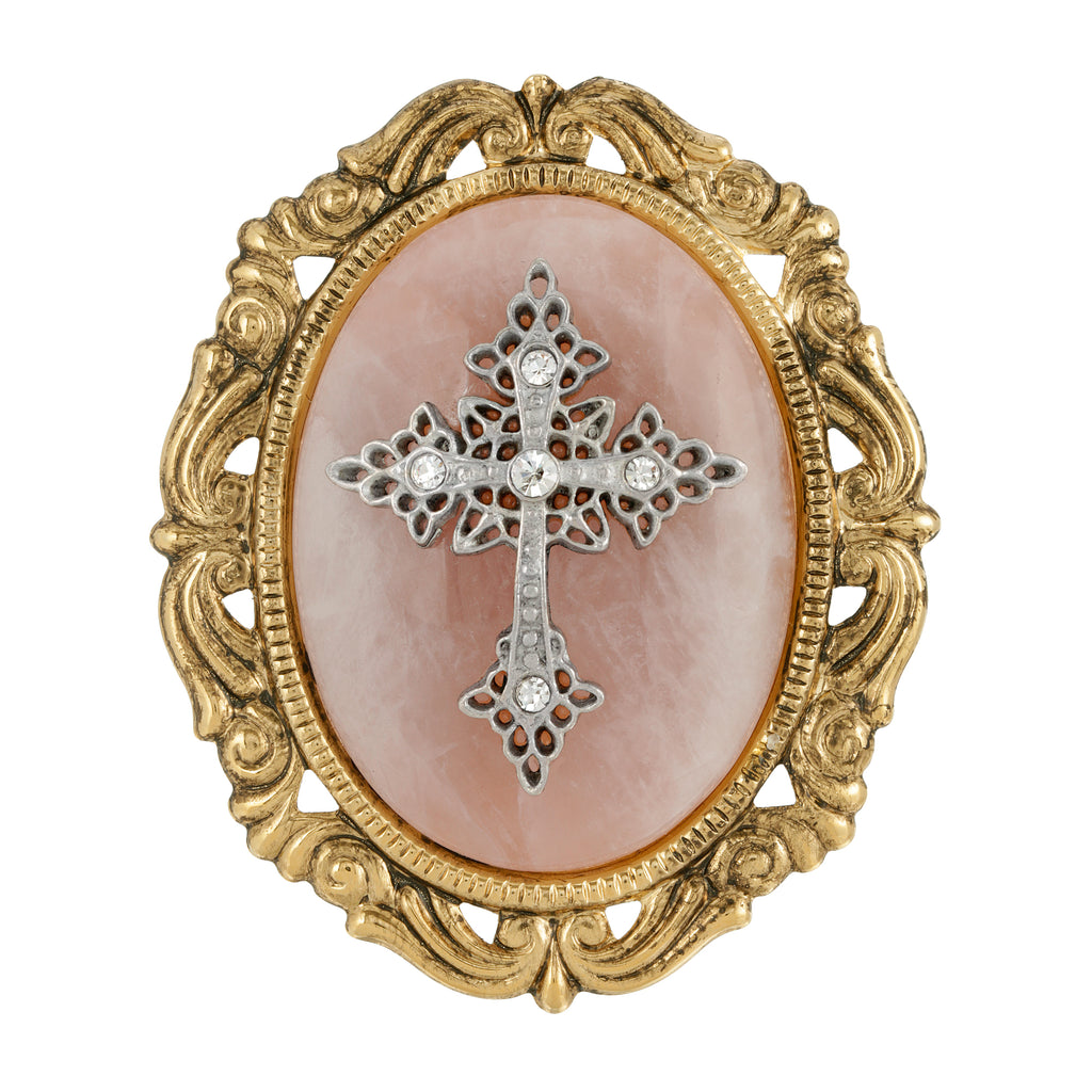 14K Gold Dipped Oval Pendant with Cross Brooch