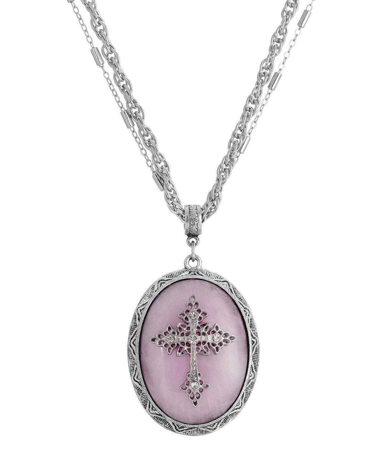 Symbols of Faith Multi Chain Oval Gemstone & Cross Pendant Necklace 18" + 3" Extender
