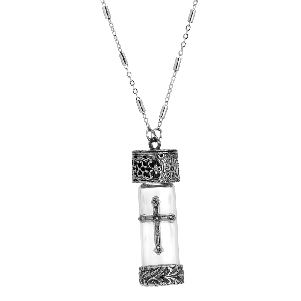Antique Silver Tone Cross Glass Vial Necklace 30 Inches