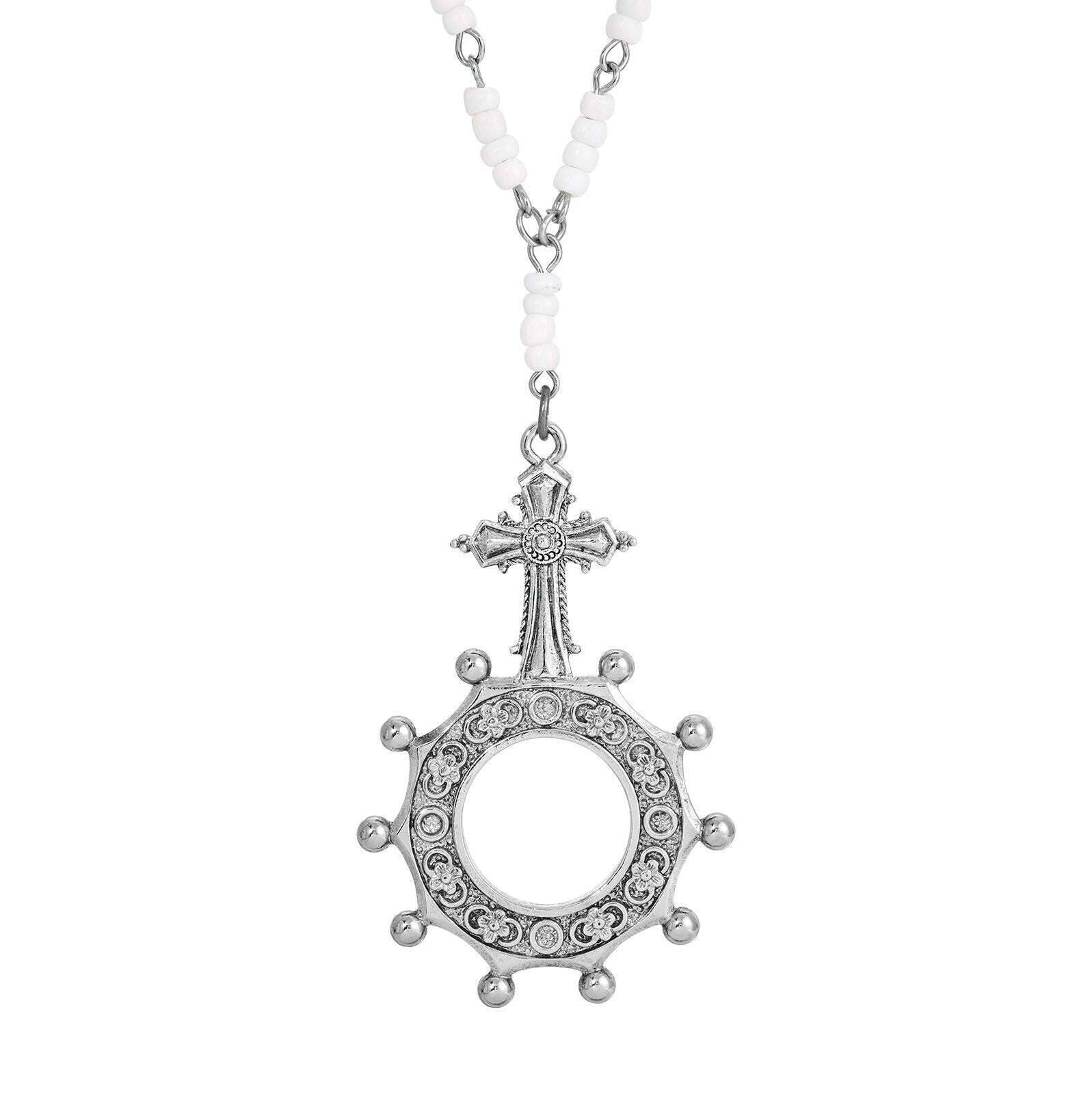 Symbols Of Faith White Seed Bead Pewter Rosary Prayer Ring Pendant Necklace 28 Inches