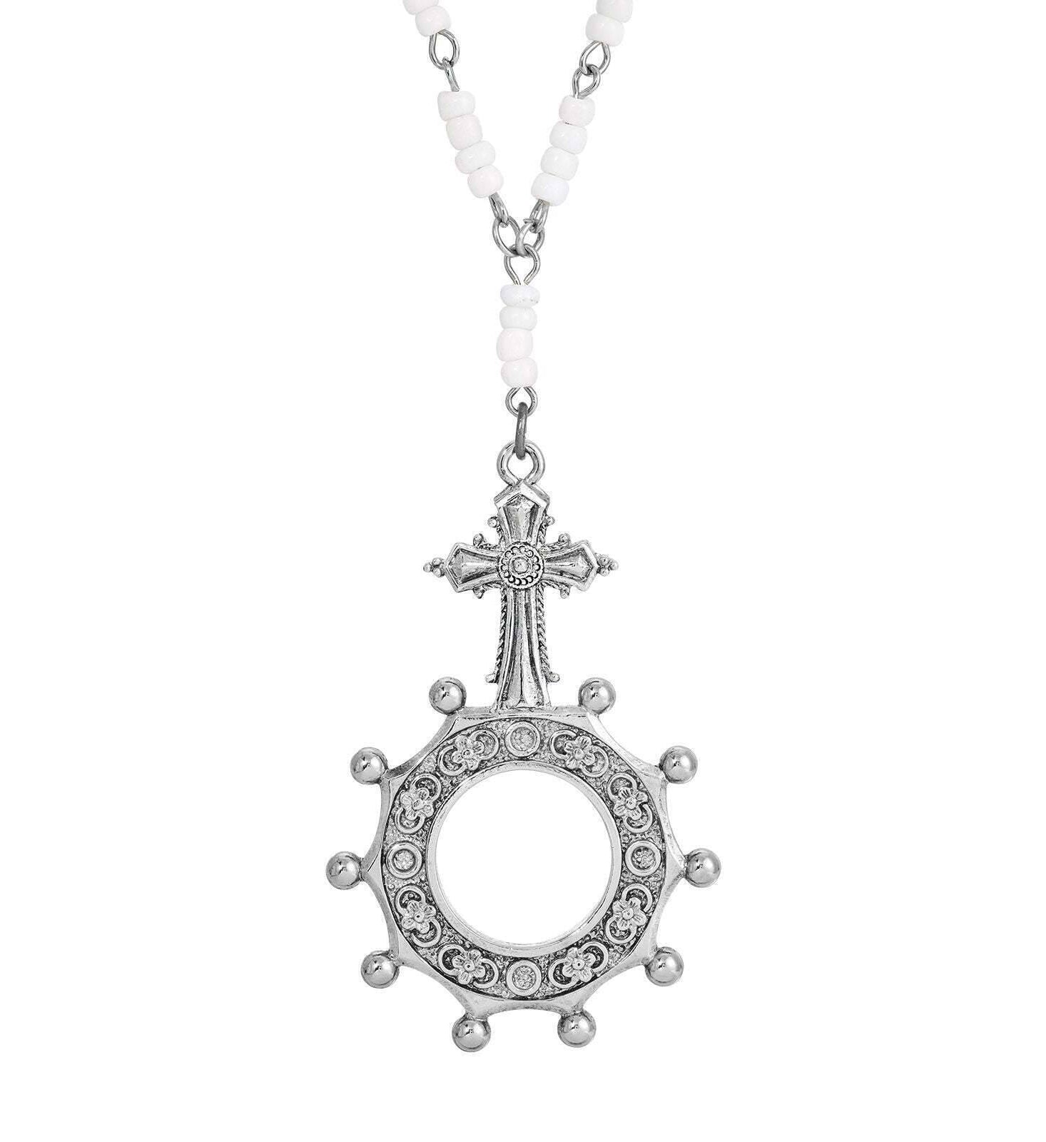 Symbols Of Faith White Seed Bead Pewter Rosary Prayer Ring Pendant Necklace 28 Inches