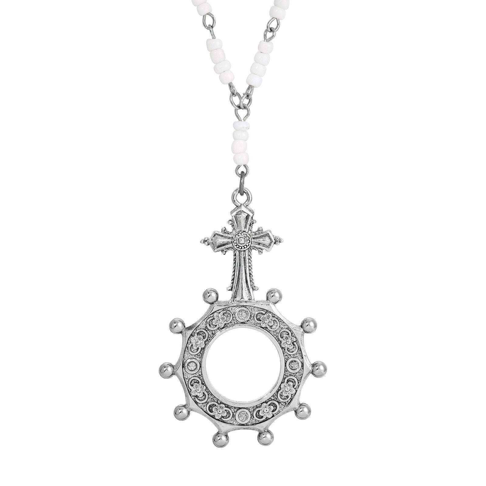 Symbols Of Faith White Seed Bead Pewter Rosary Prayer Ring Pendant Necklace 28 Inches