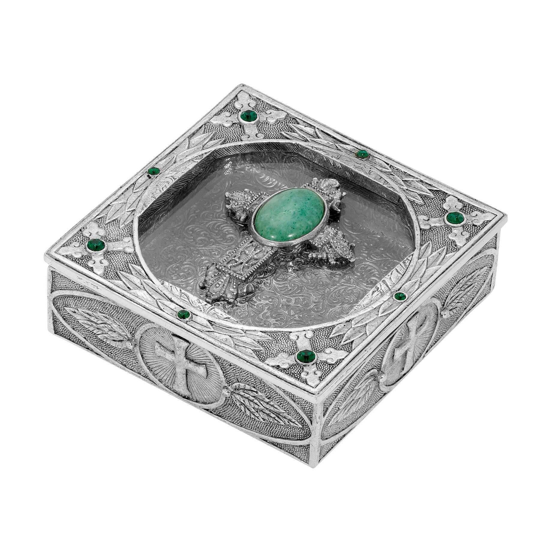 Symbols Of Faith Oval Gemstone Cross And Leaf Pewter Rosary Box