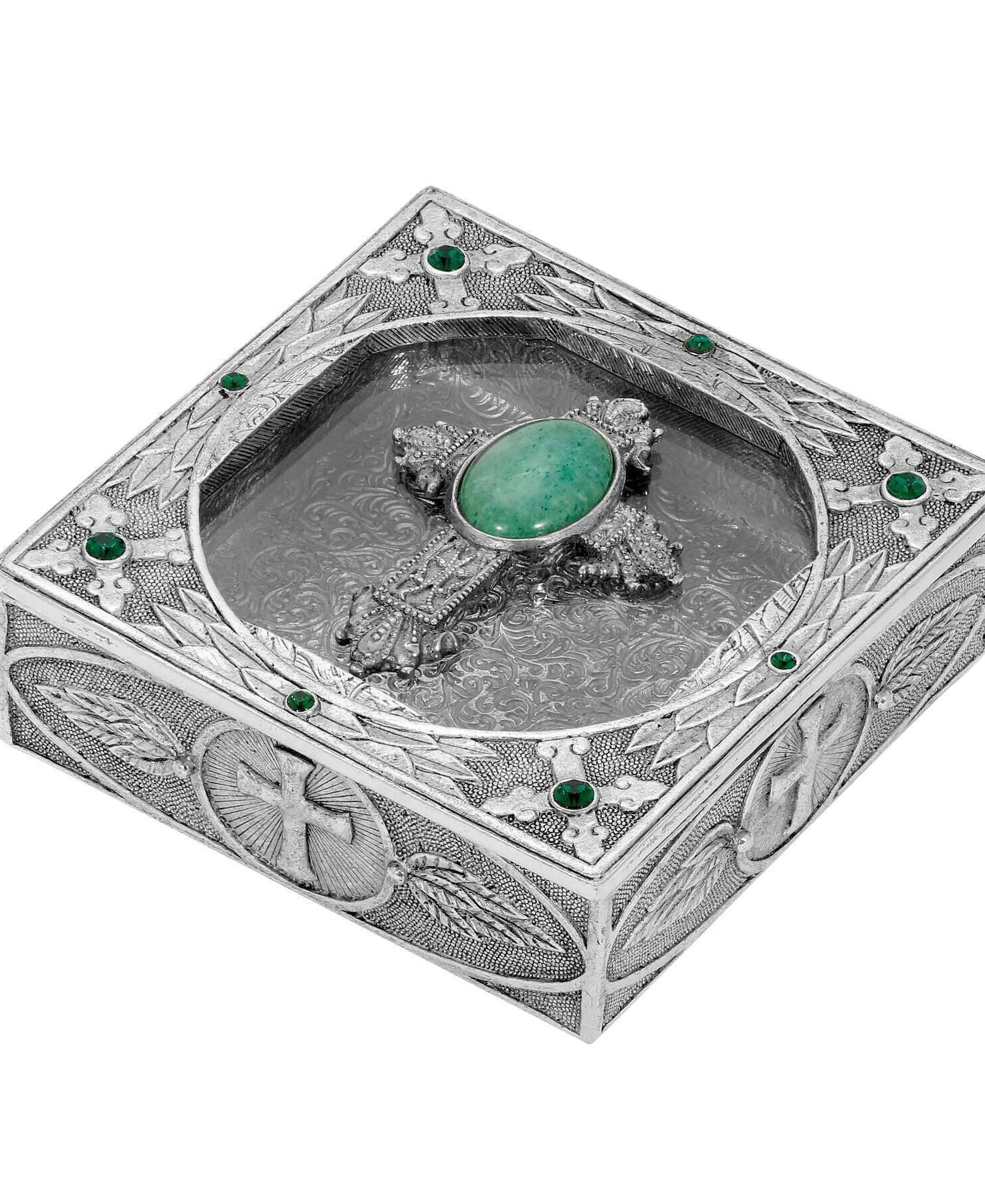 Symbols Of Faith Oval Gemstone Cross And Leaf Pewter Rosary Box