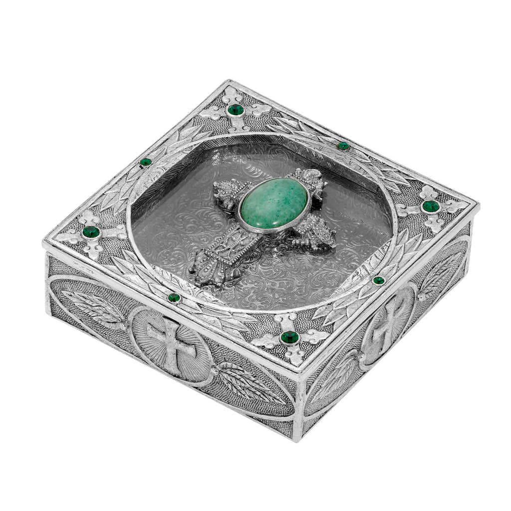 Ornate Cross And Leaf Pewter Rosary Box (Jade)