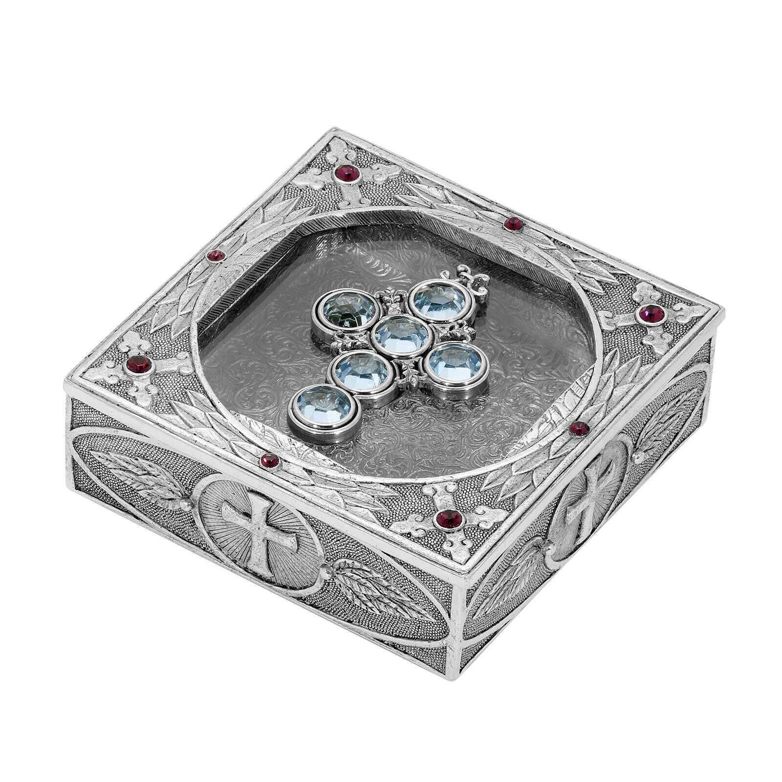 Symbols Of Faith Austrian Channel Crystal Cross And Leaf Pewter Rosary Box