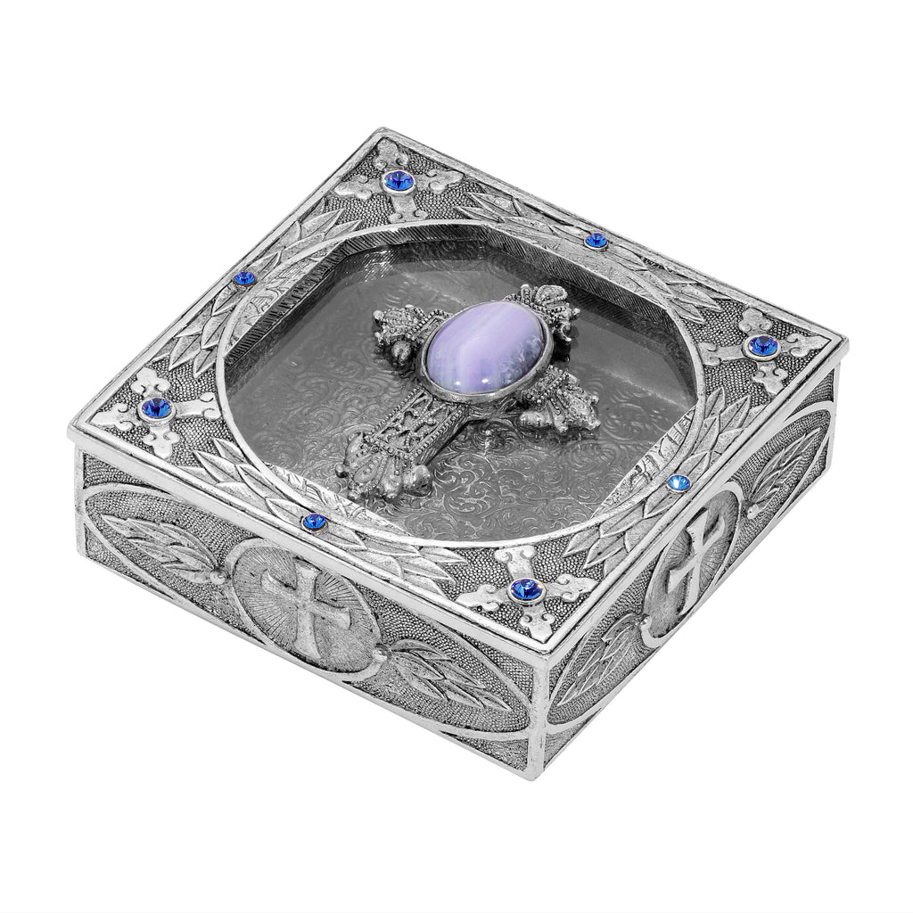 Ornate Cross And Leaf Pewter Rosary Box (Blue Lace)