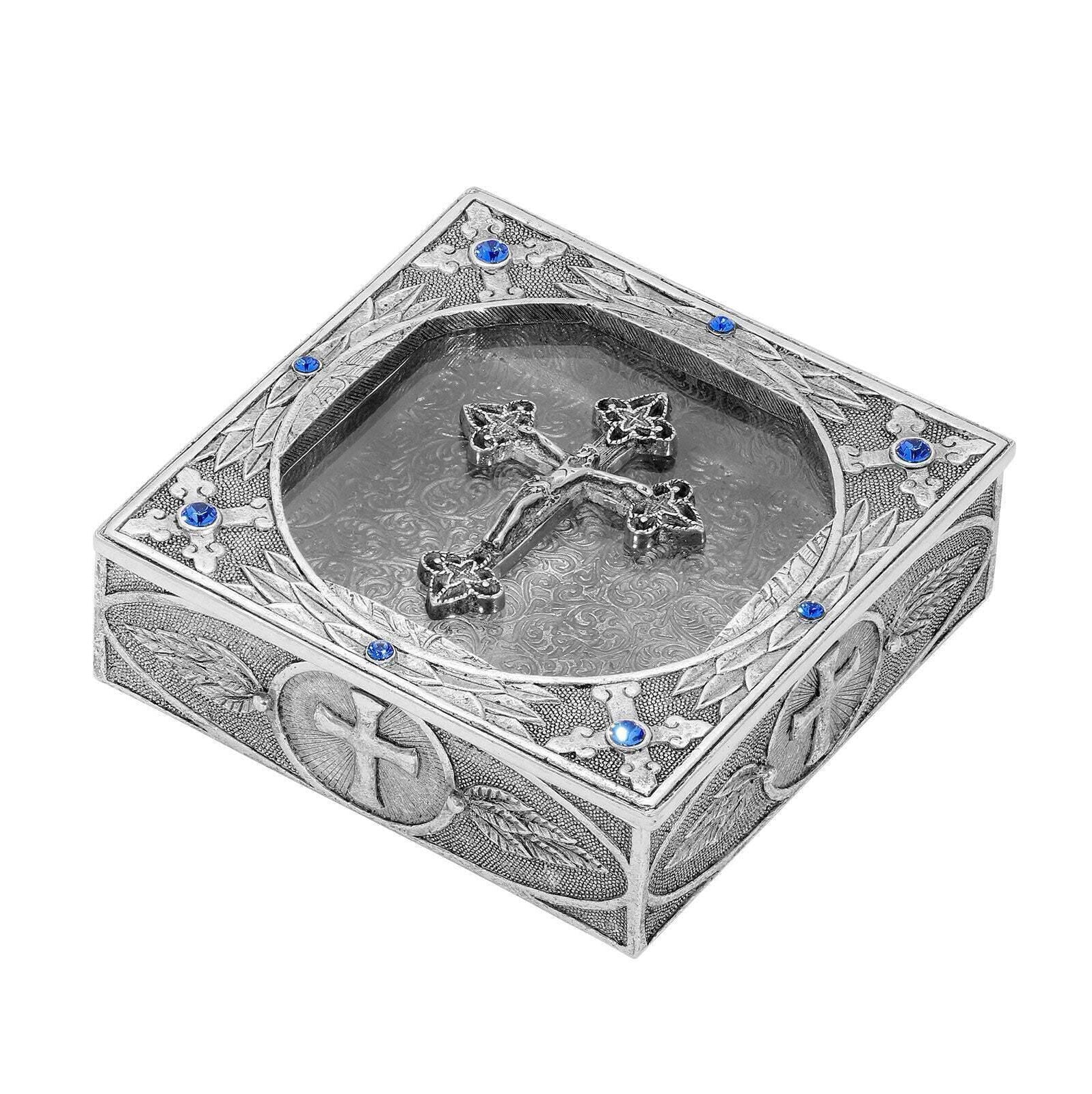 Symbols Of Faith Pewter Sapphire Blue Austrian Crystal Crucifix Rosary Box