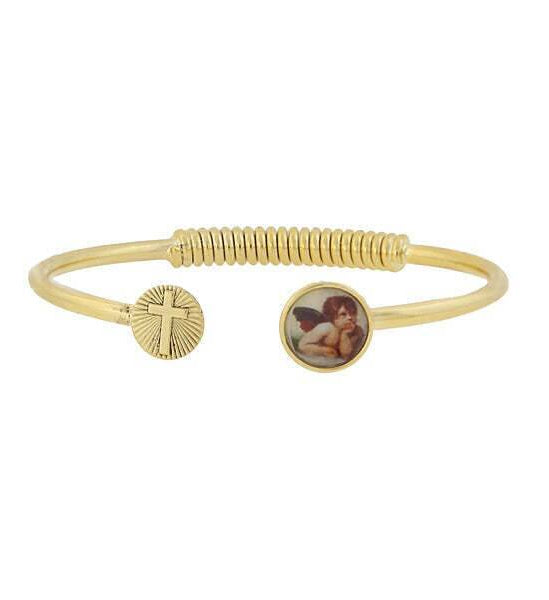 Symbols Of Faith Sping Hinge Bracelet With Cross And Cherub Decal Accent