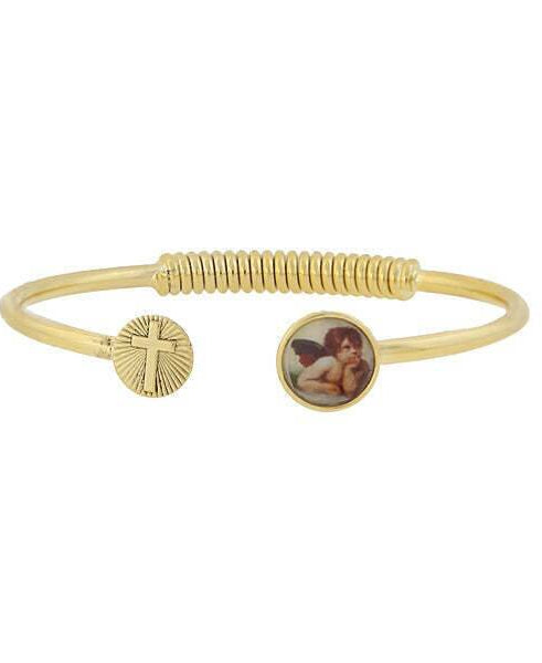 Symbols Of Faith Sping Hinge Bracelet With Cross And Cherub Decal Accent
