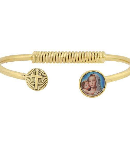 Symbols Of Faith Sping Hinge Bracelet With Cross And Mary And Child Decal Accent
