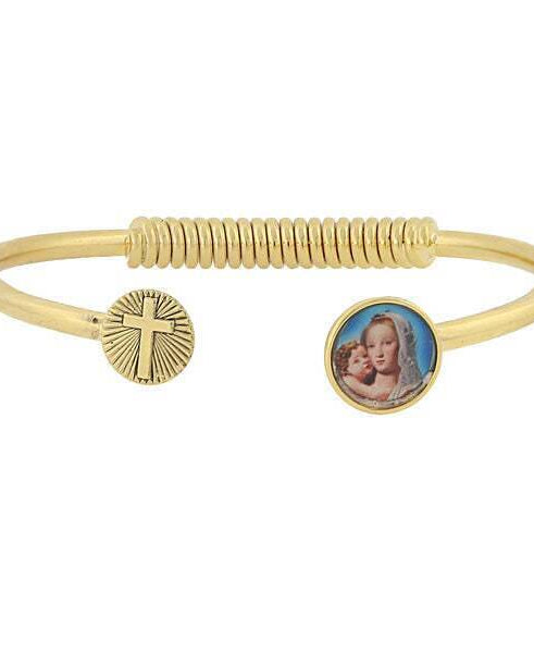 Symbols Of Faith Sping Hinge Bracelet With Cross And Mary And Child Decal Accent