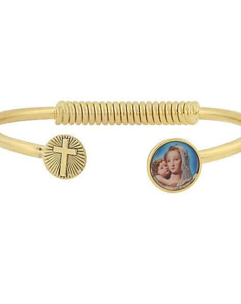 Symbols Of Faith Sping Hinge Bracelet With Cross And Mary And Child Decal Accent