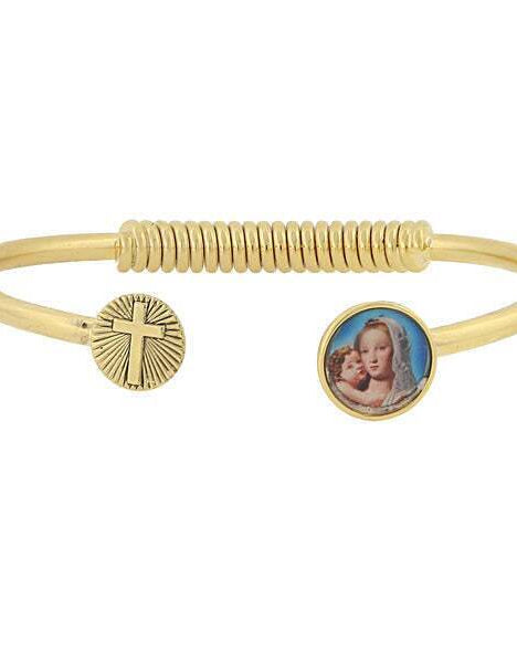 Symbols Of Faith Sping Hinge Bracelet With Cross And Mary And Child Decal Accent