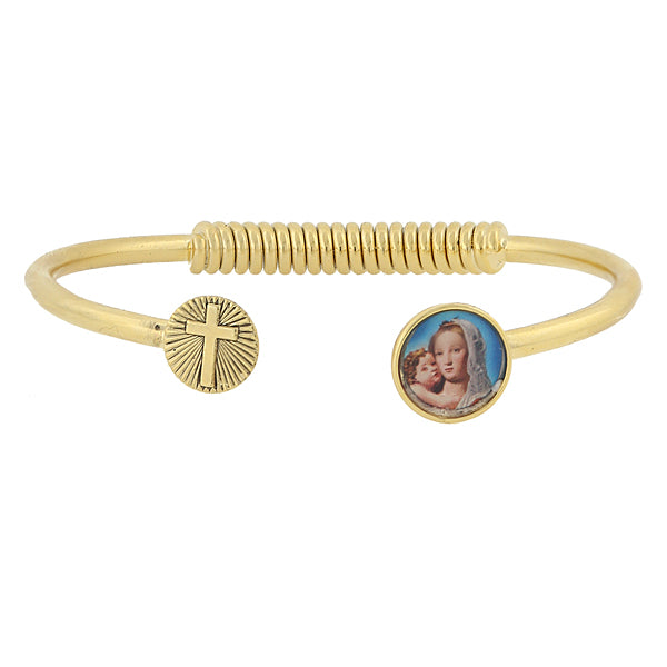 14K Gold Dipped Sping Hinge Bracelet With Cross And Mary And Child Decal Accent