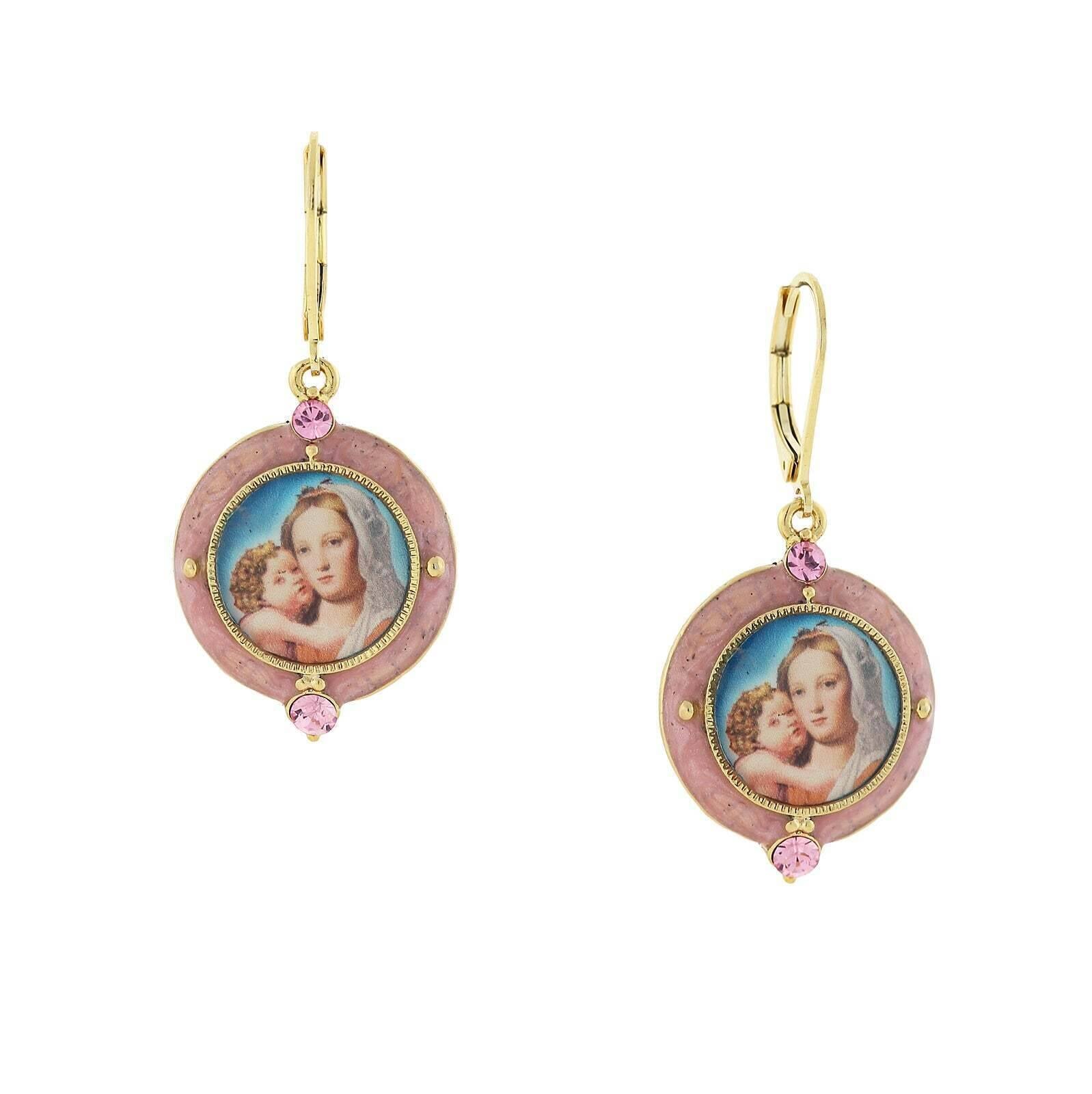 Symbols Of Faith Hand Enamel Crystal Mary And Child Decal Drop Earrings