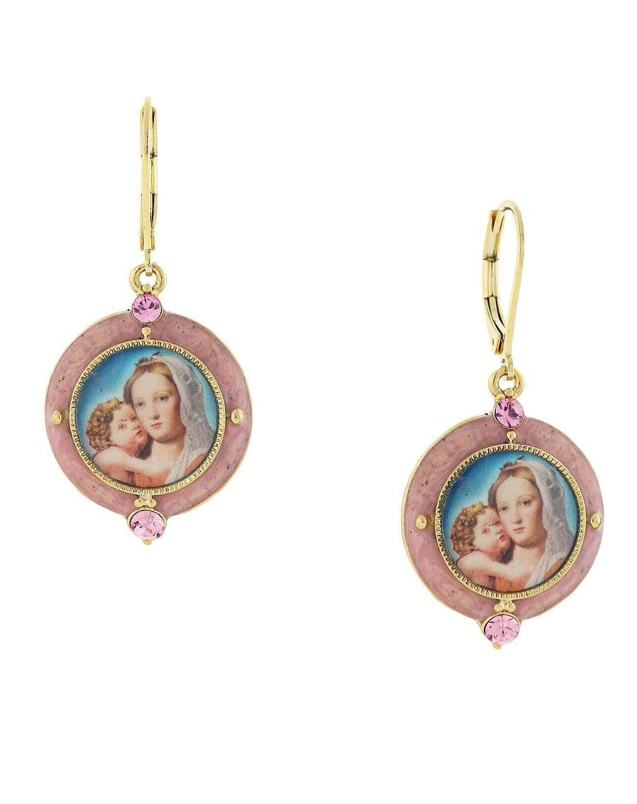 Symbols Of Faith Hand Enamel Crystal Mary And Child Decal Drop Earrings
