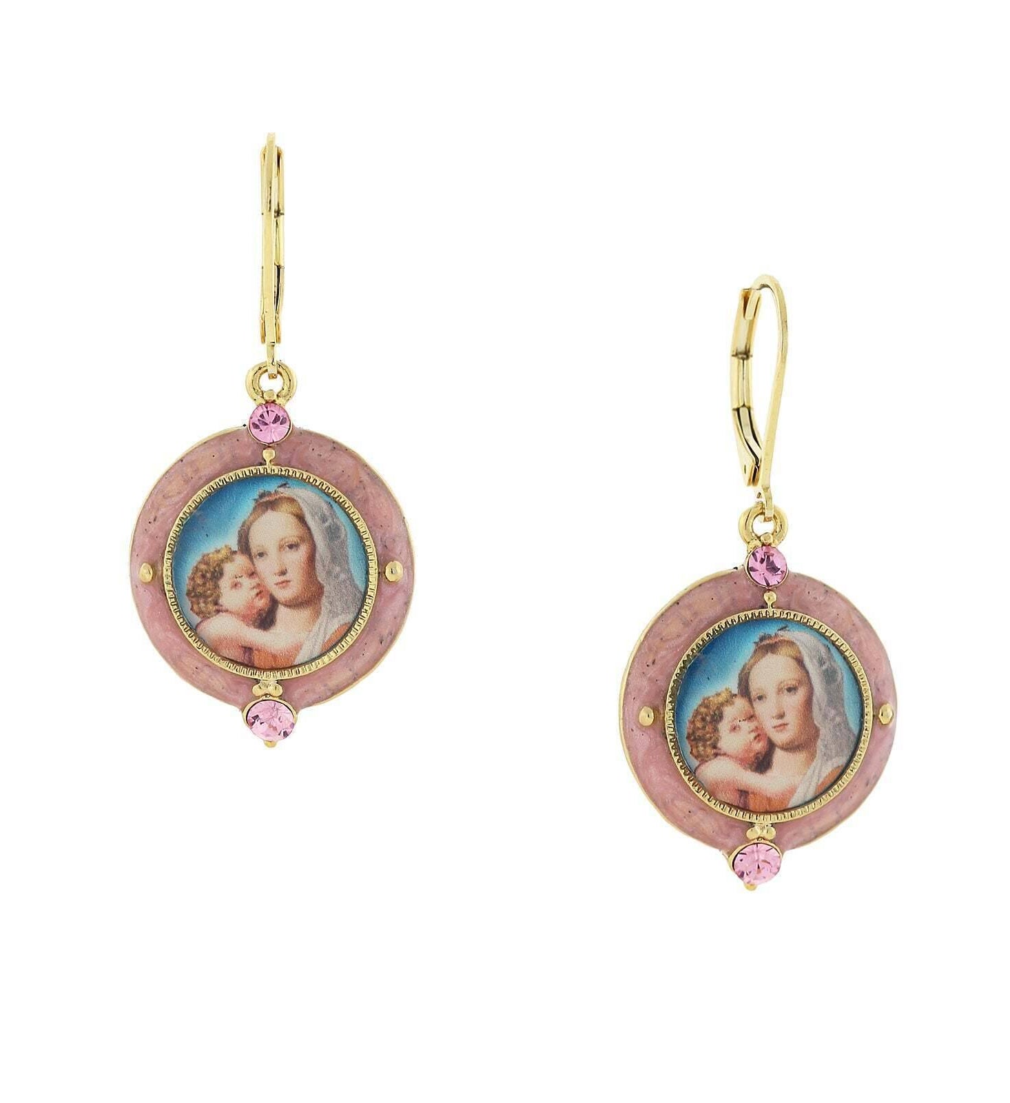Symbols Of Faith Hand Enamel Crystal Mary And Child Decal Drop Earrings