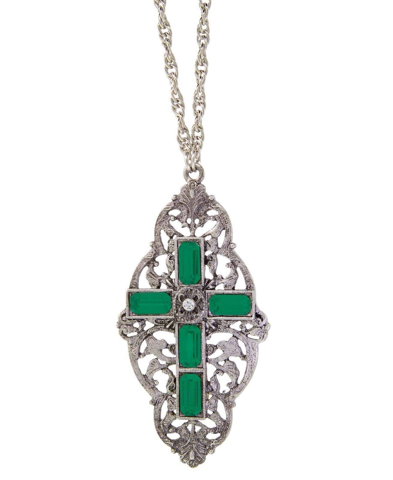 Symbols Of Faith Pewter Stone Cross Pendant Necklace 28"