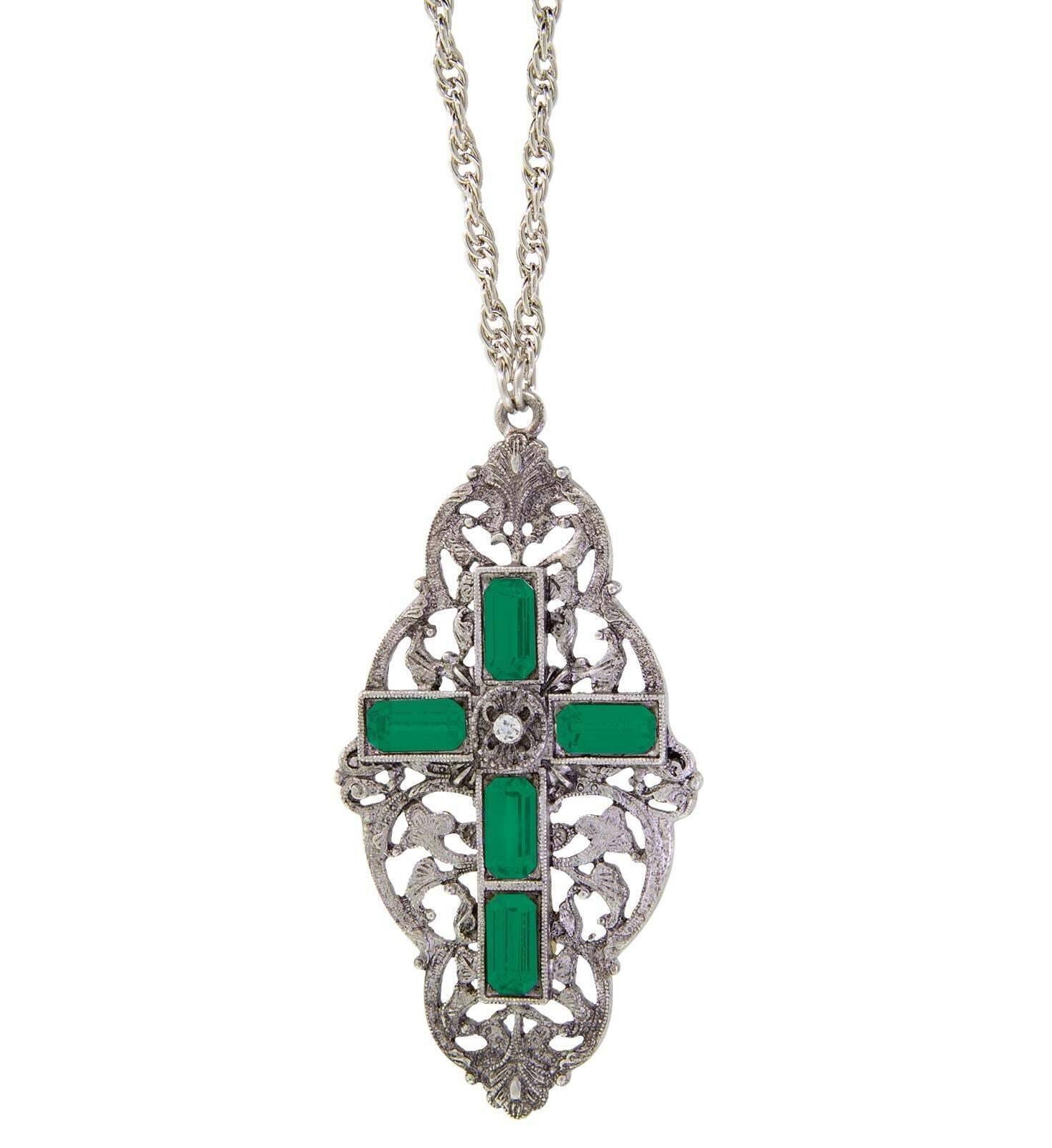 Symbols Of Faith Pewter Stone Cross Pendant Necklace 28"