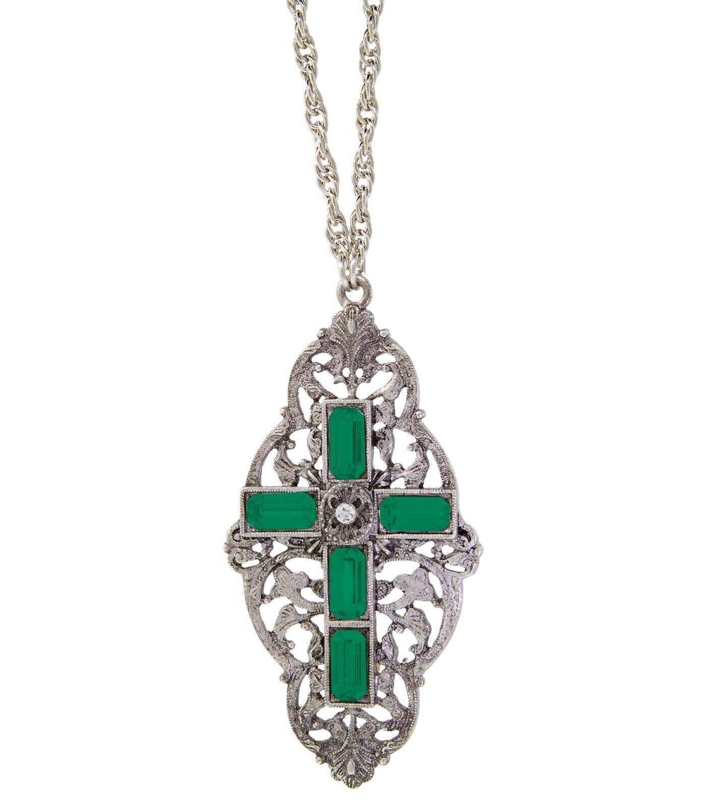 Symbols Of Faith Pewter Stone Cross Pendant Necklace 28"