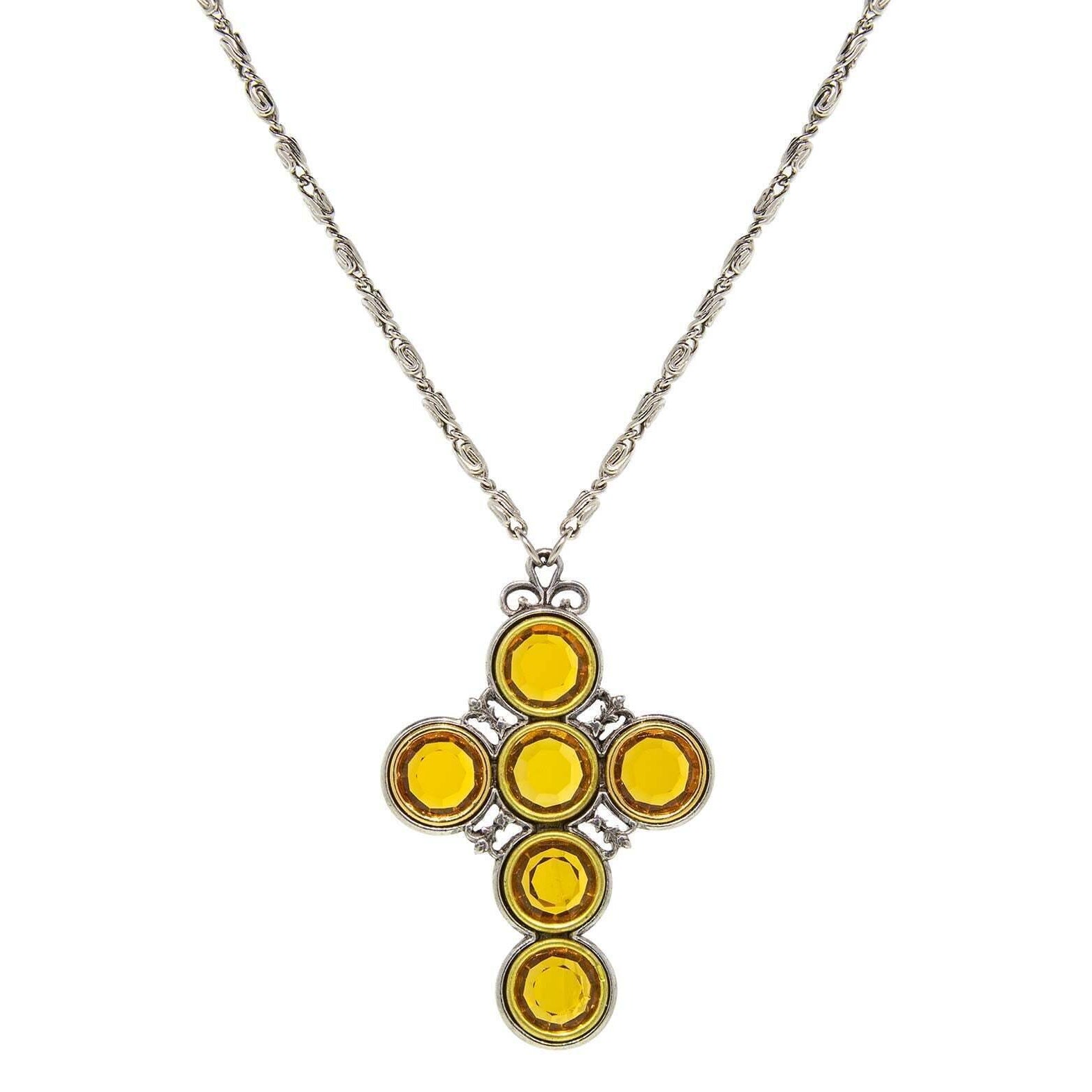 Symbols Of Faith Pewter Color Crystal Cross Pendant Necklace 24" + 3" Extender