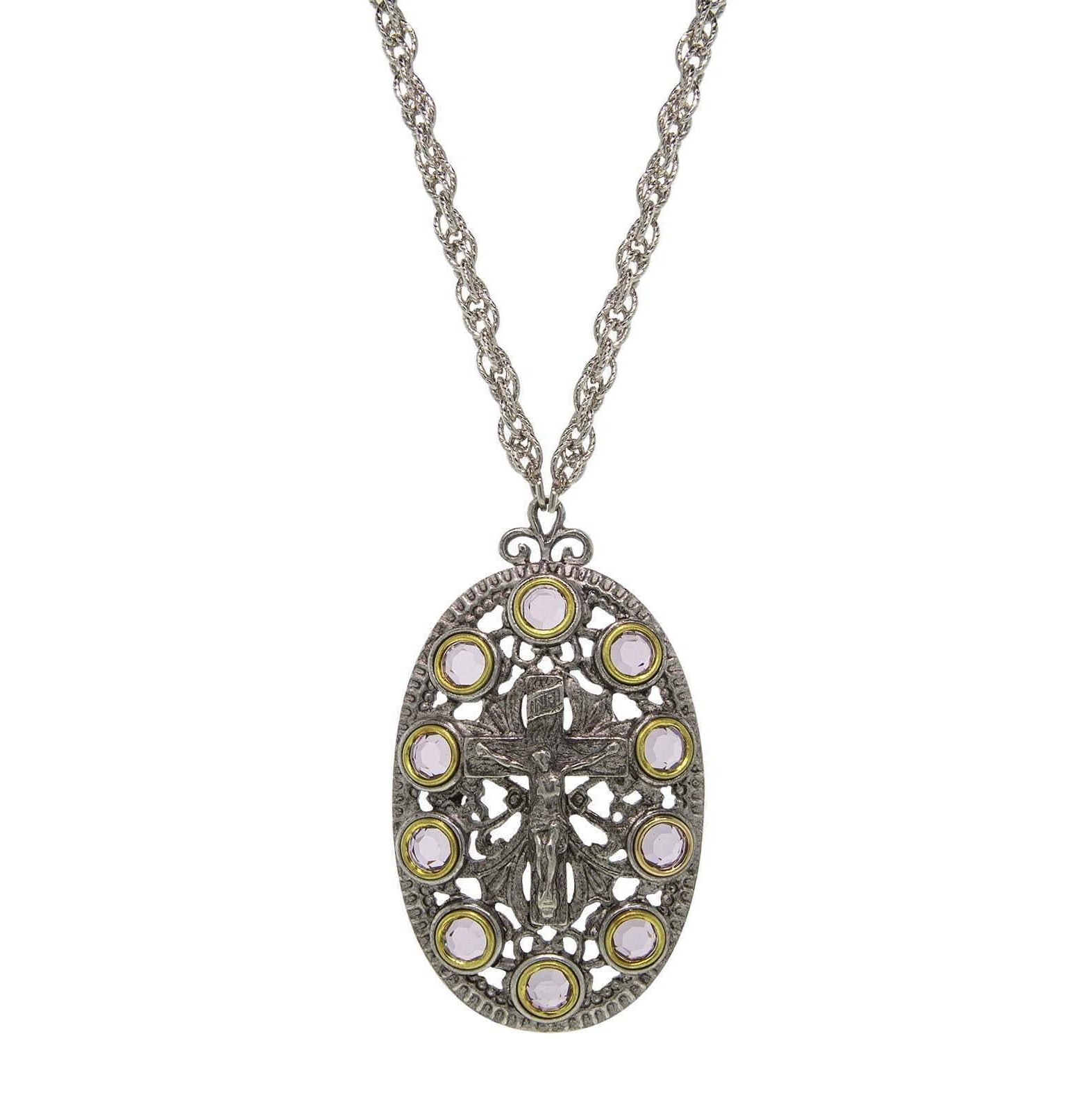 Symbols Of Faith Pewter Purple Austrian Crystal Rosary Crucifix Cross Oval Pendant Necklace 28"