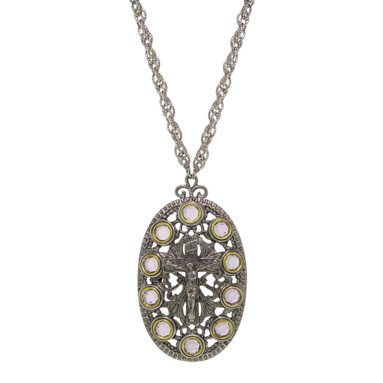 Symbols Of Faith Pewter Purple Austrian Crystal Rosary Crucifix Cross Oval Pendant Necklace 28"