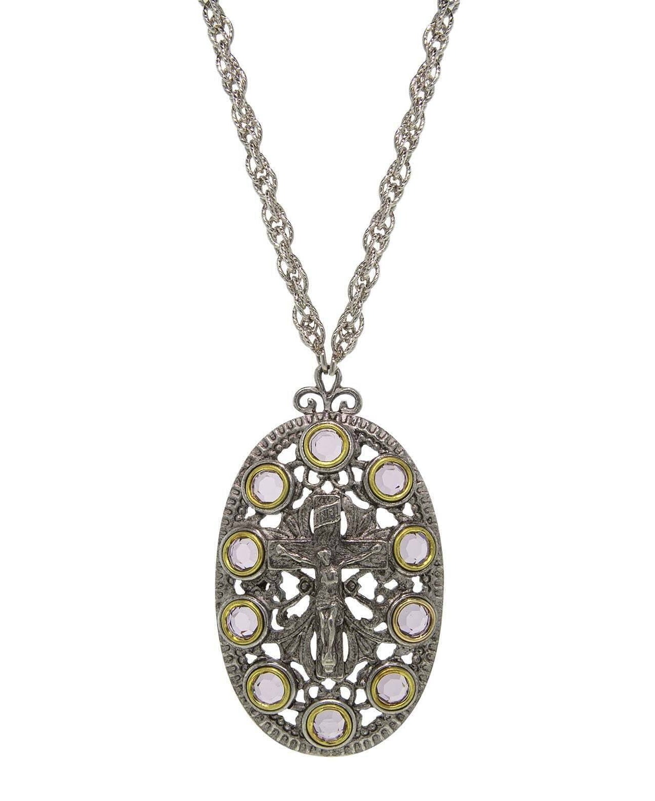 Symbols Of Faith Pewter Purple Austrian Crystal Rosary Crucifix Cross Oval Pendant Necklace 28"