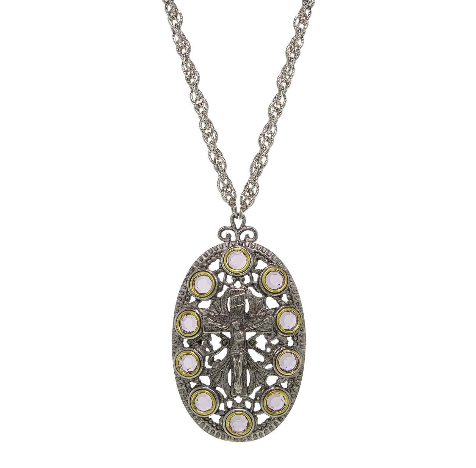Symbols Of Faith Pewter Purple Austrian Crystal Rosary Crucifix Cross Oval Pendant Necklace 28"