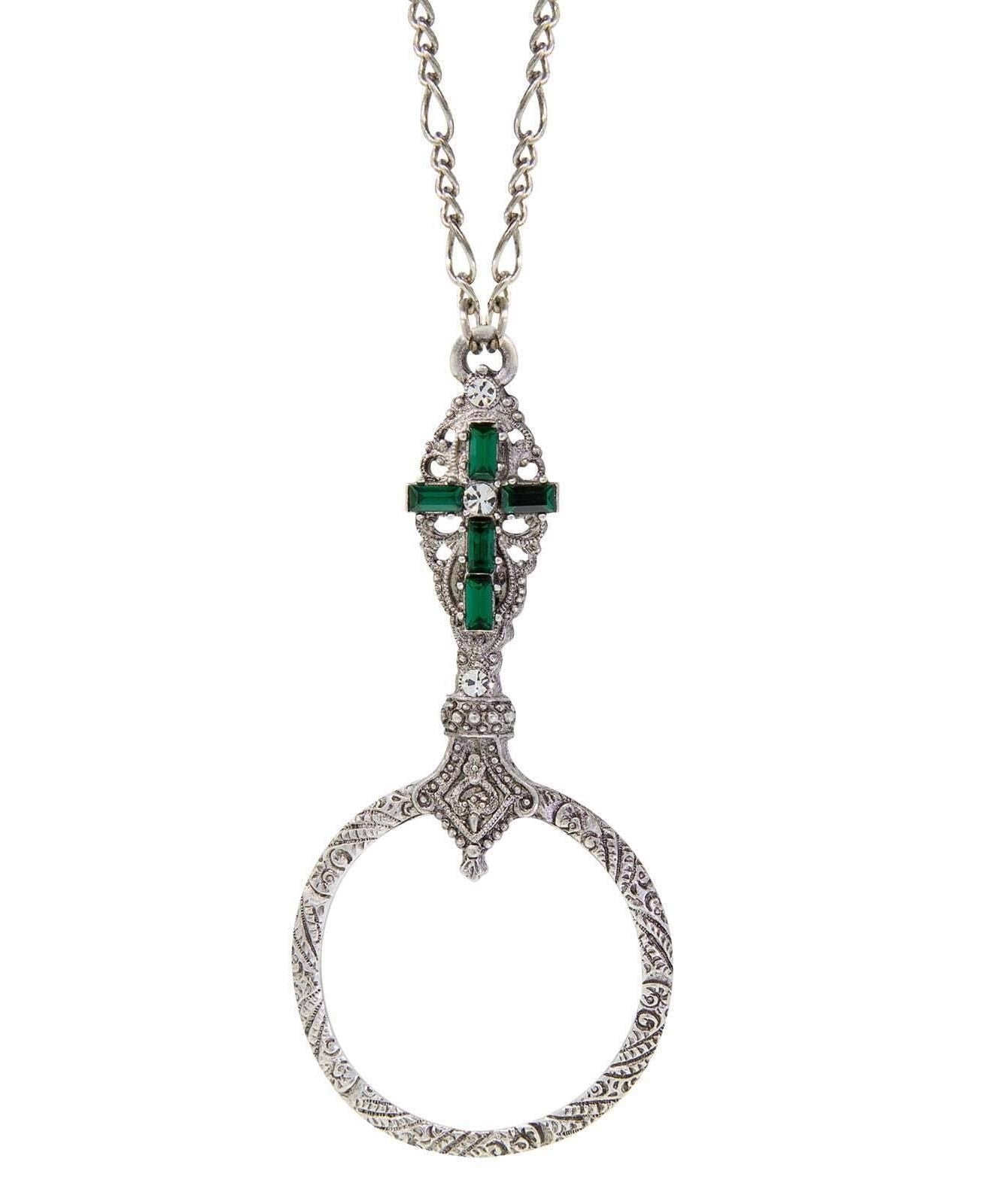 Symbols Of Faith Pewter Crystal Cross Round Magnifying Pendant Necklace 28" - Magnification Power: 2X