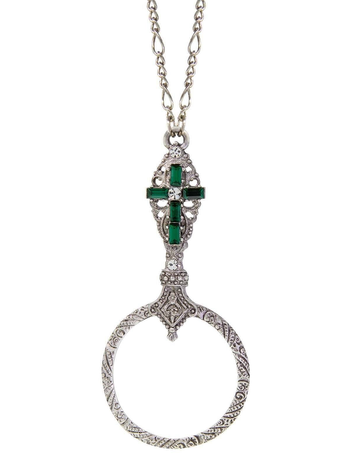 Symbols Of Faith Pewter Crystal Cross Round Magnifying Pendant Necklace 28" - Magnification Power: 2X