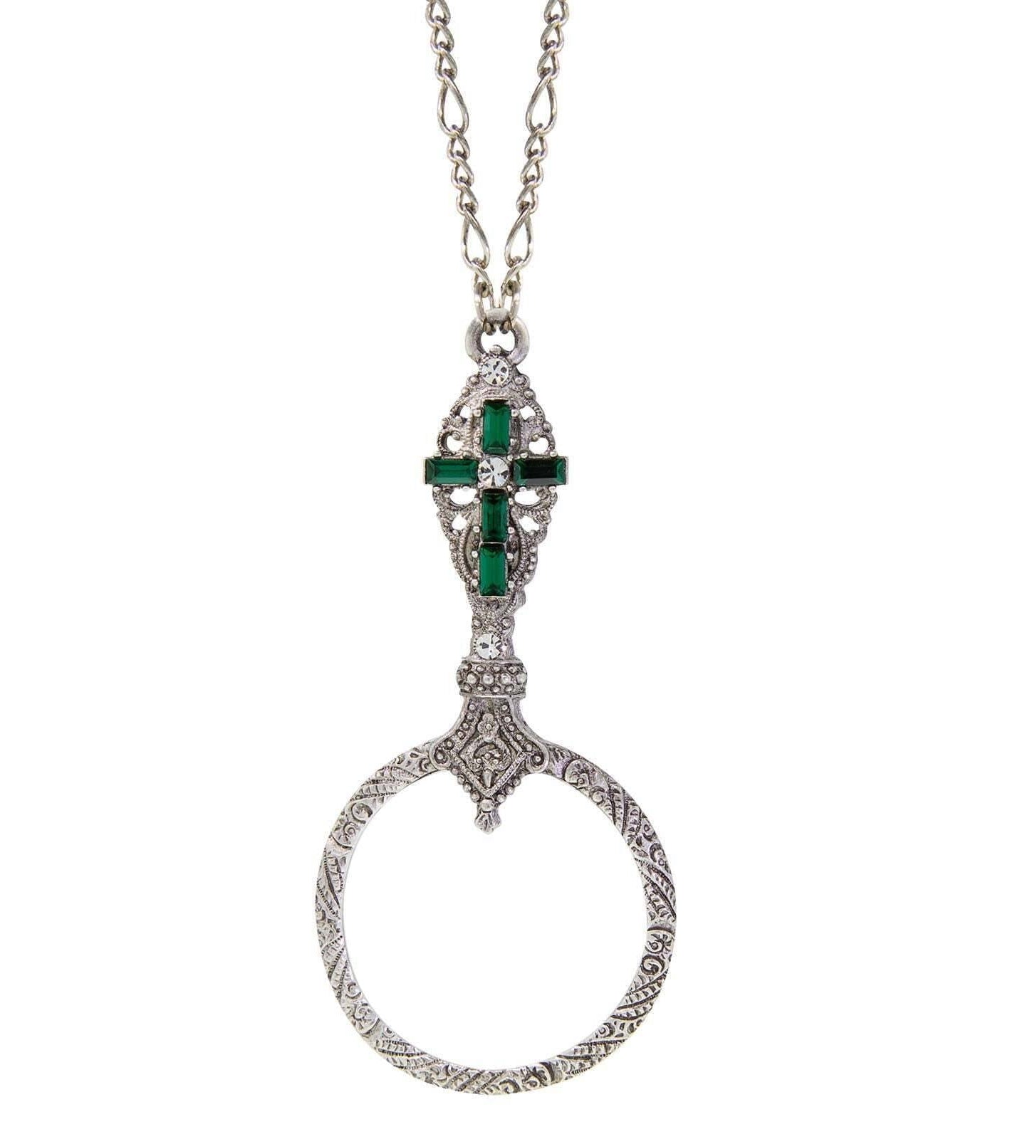 Symbols Of Faith Pewter Crystal Cross Round Magnifying Pendant Necklace 28" - Magnification Power: 2X