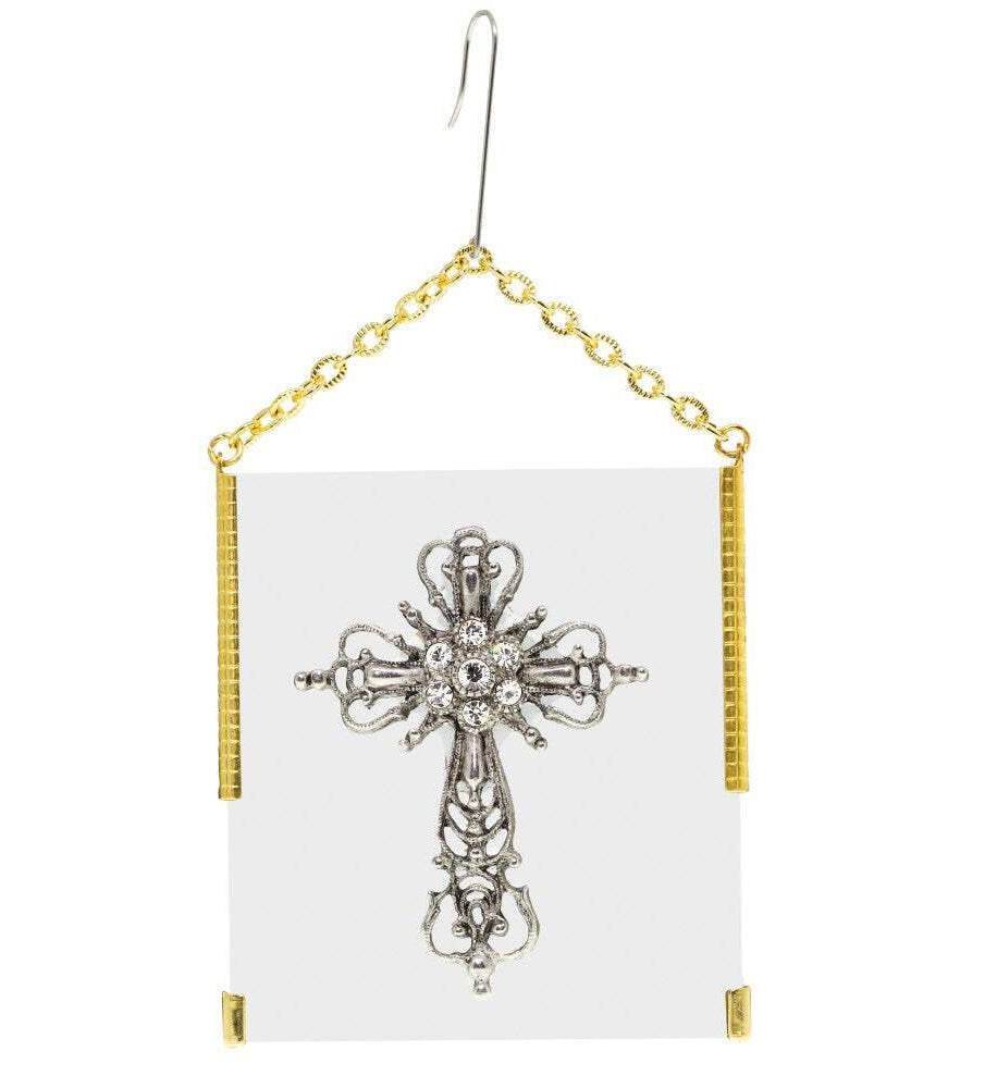 Symbols Of Faith Glass Vintage Style Filigree & Crystal Cross Christmas Tree Ornament