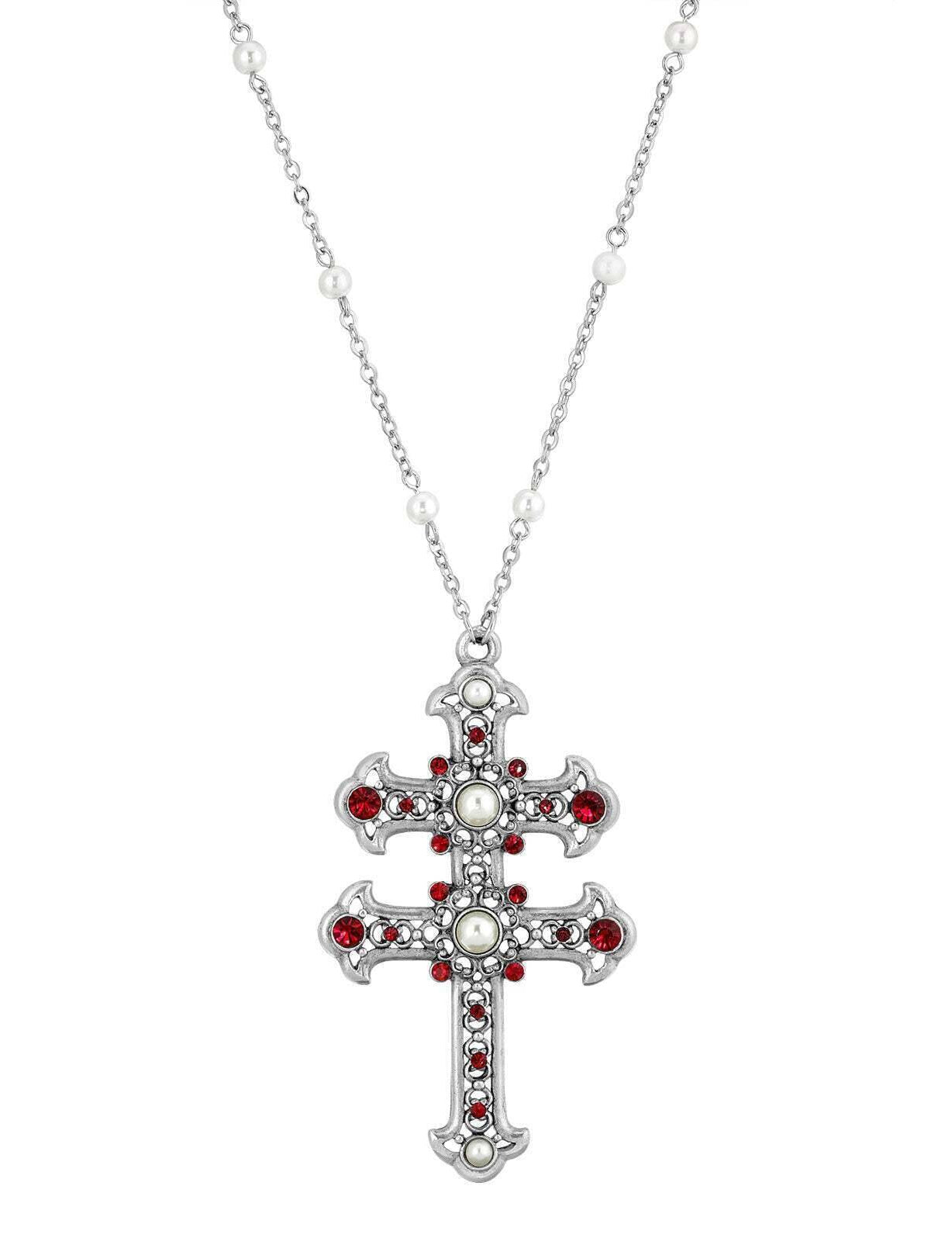 Symbols Of Faith Crystal and Faux Pearl Double Cross 30 Pendant Necklace