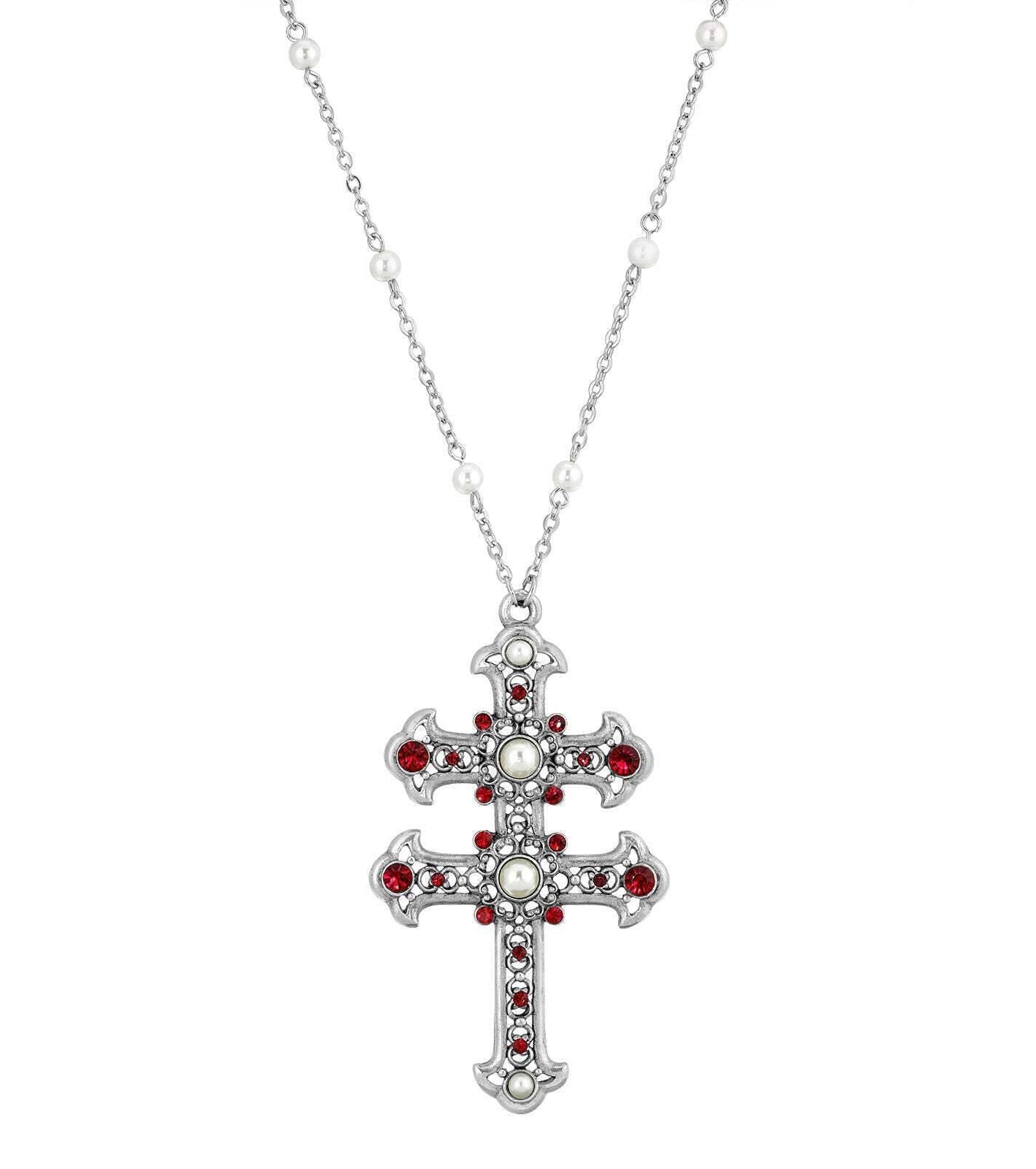 Symbols Of Faith Crystal and Faux Pearl Double Cross 30 Pendant Necklace