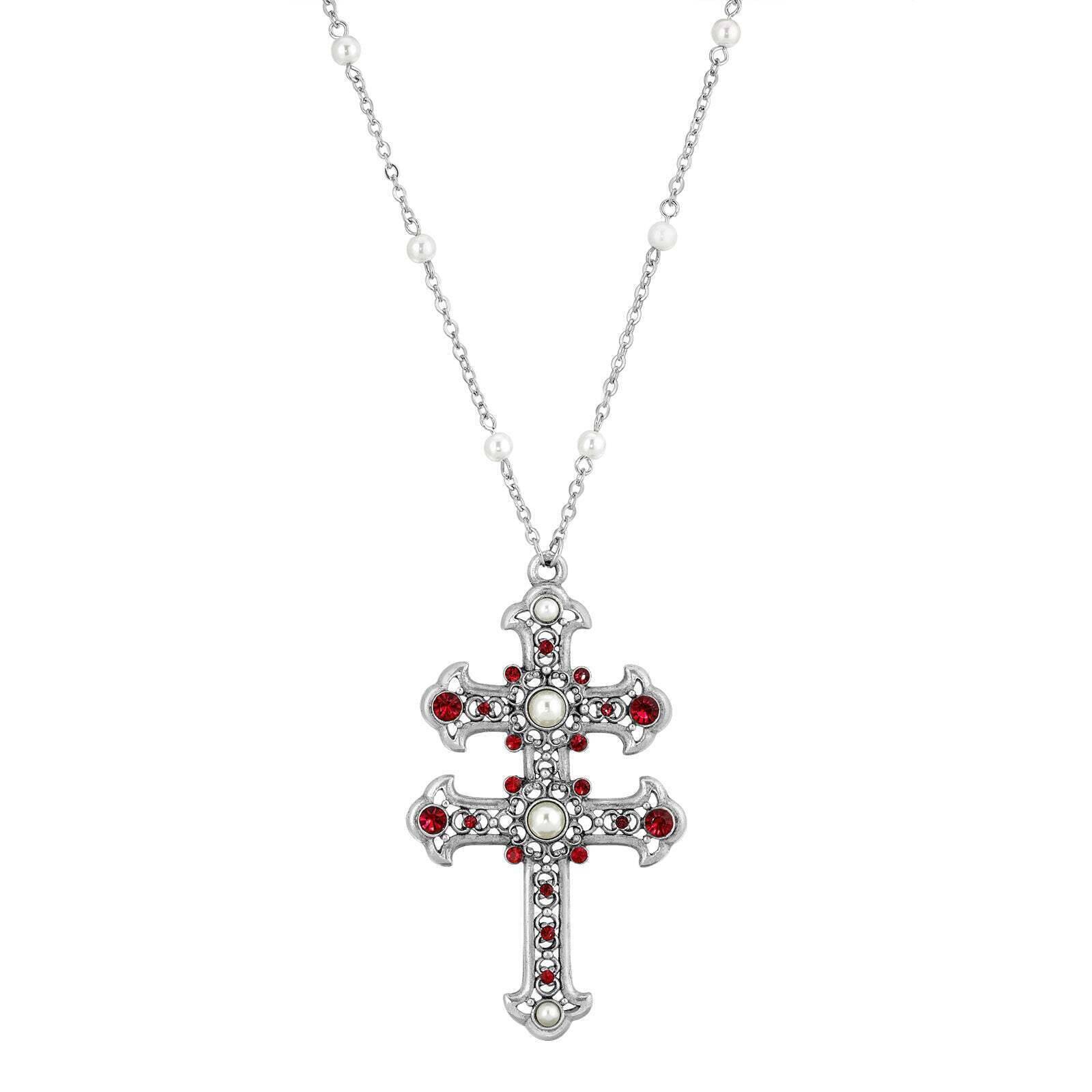 Symbols Of Faith Crystal and Faux Pearl Double Cross 30 Pendant Necklace