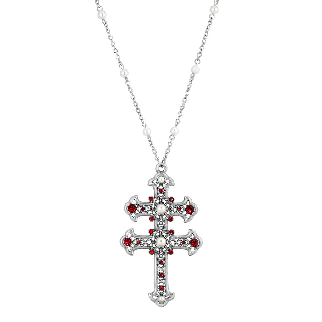 Crystal and Faux Pearl Double Cross 30 Necklace