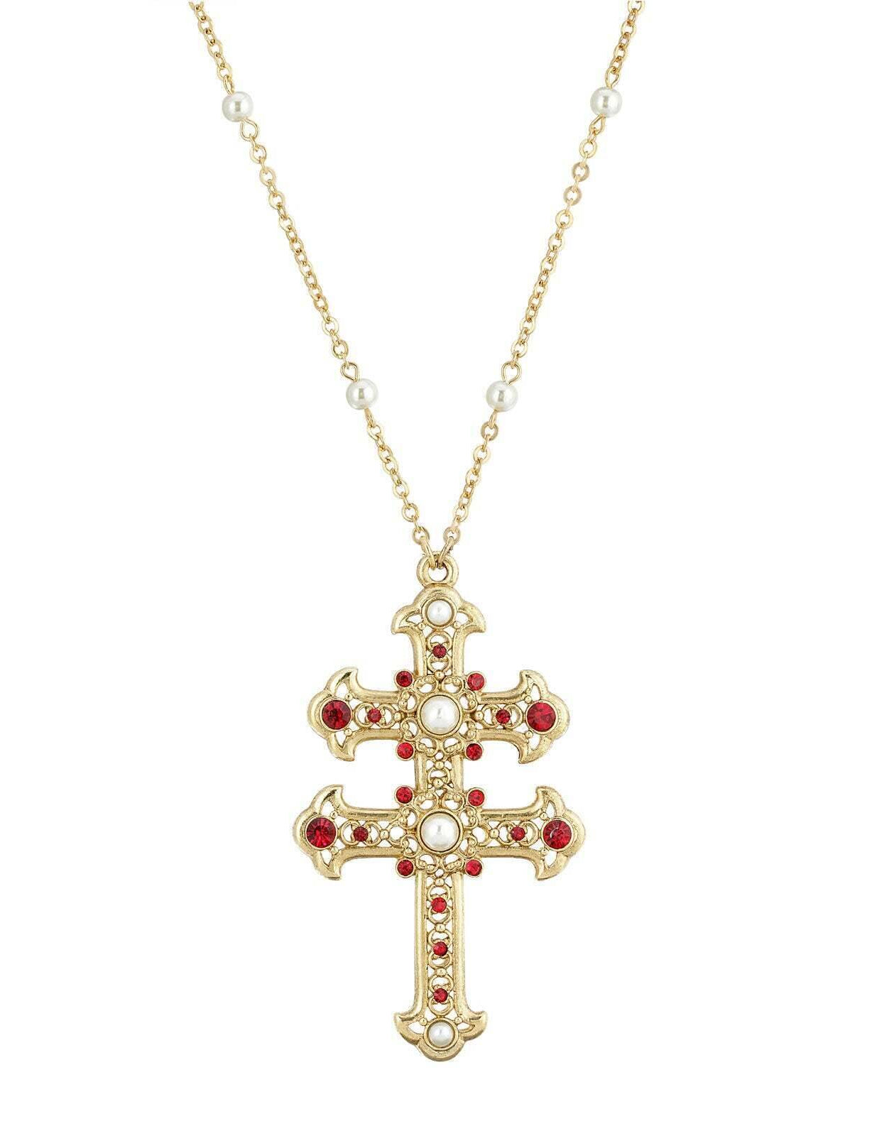 Symbols Of Faith Crystal and Faux Pearl Double Cross 30 Pendant Necklace