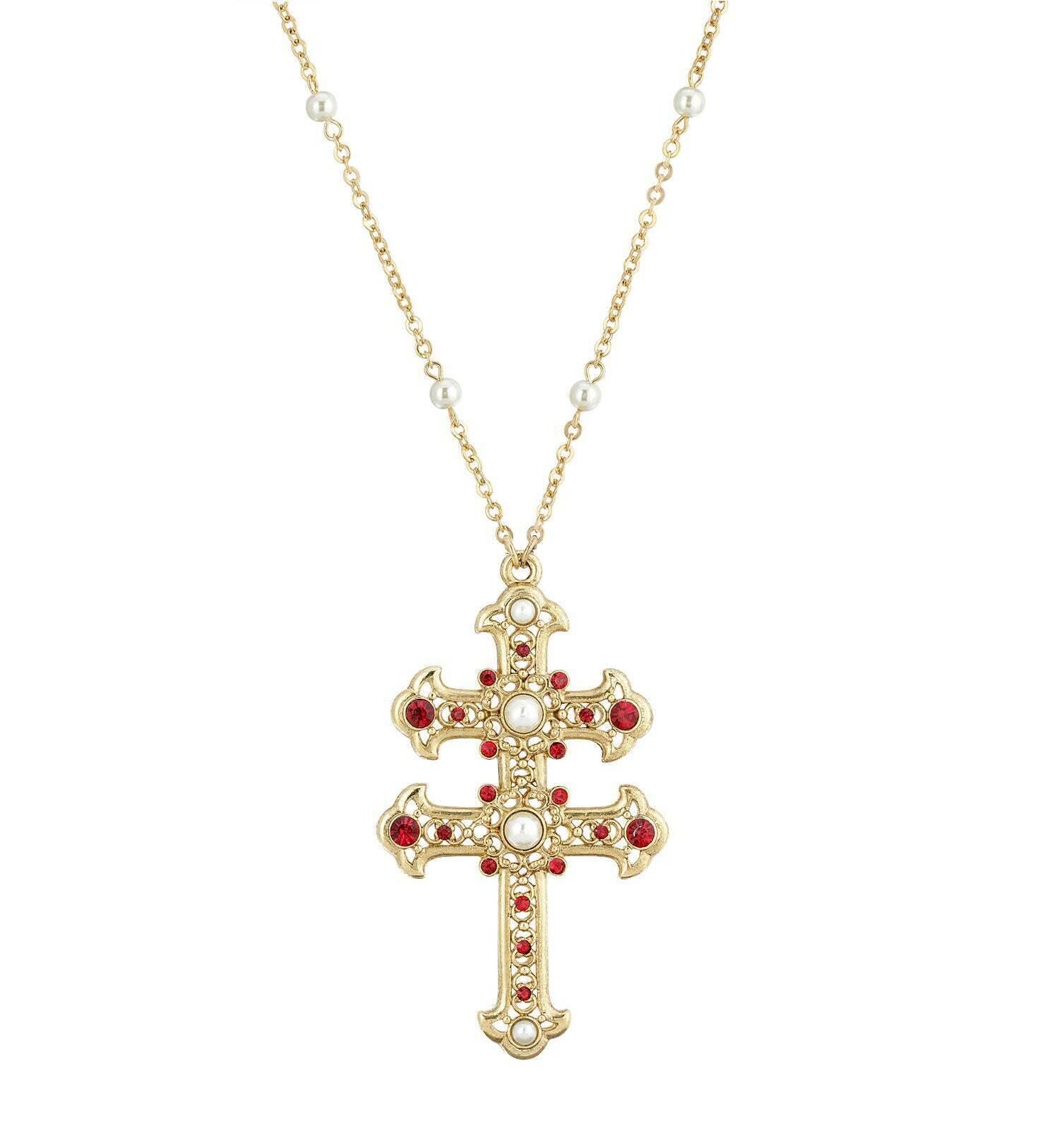 Symbols Of Faith Crystal and Faux Pearl Double Cross 30 Pendant Necklace