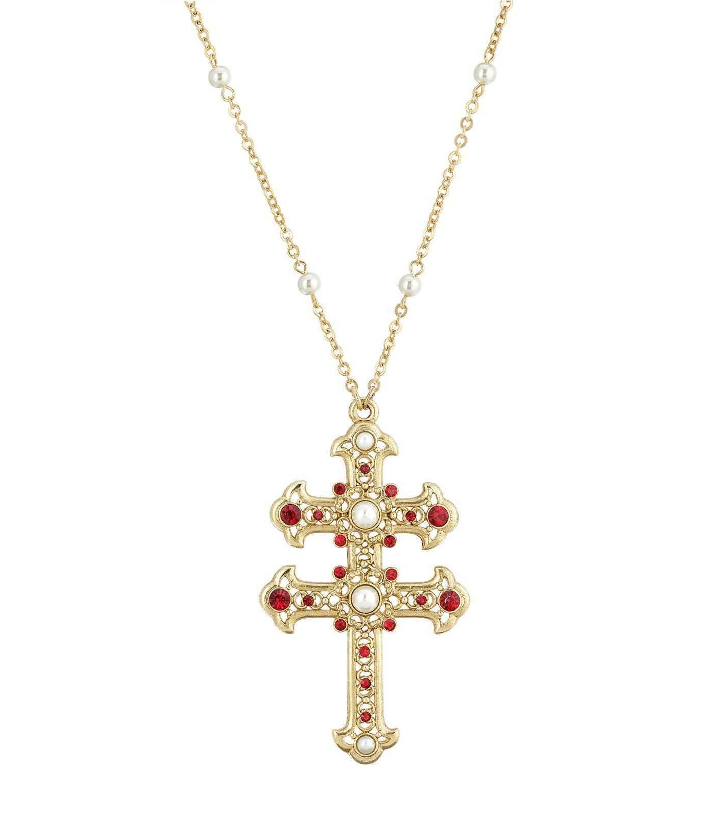 Symbols Of Faith Crystal and Faux Pearl Double Cross 30 Pendant Necklace