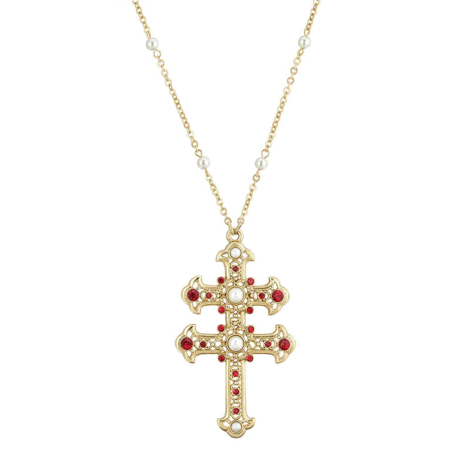 Symbols Of Faith Crystal and Faux Pearl Double Cross 30 Pendant Necklace