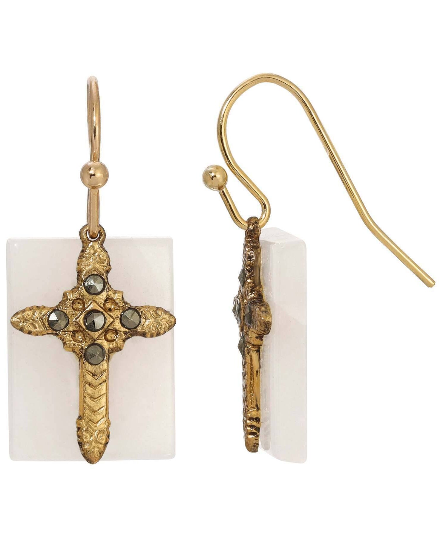 Symbols Of Faith Rectangular Gemstone Marcasite Stone Cross Drop Earrings
