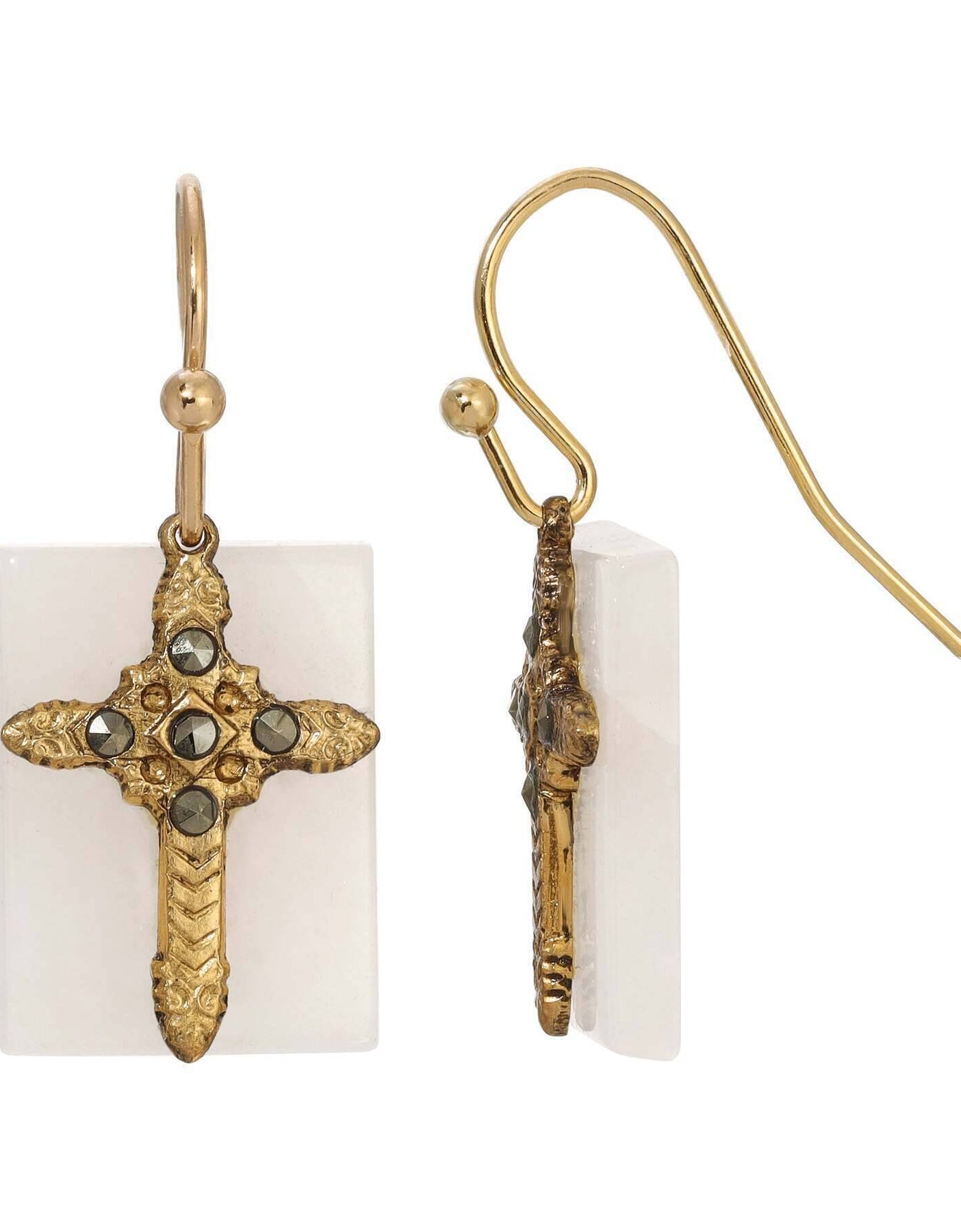 Symbols Of Faith Rectangular Gemstone Marcasite Stone Cross Drop Earrings